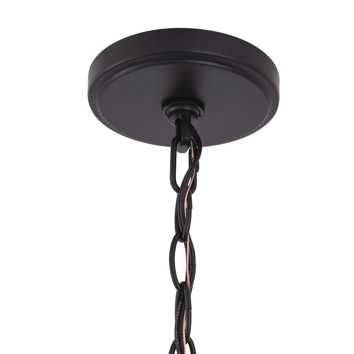Black chandelier canopy with hanging chain and electrical wires