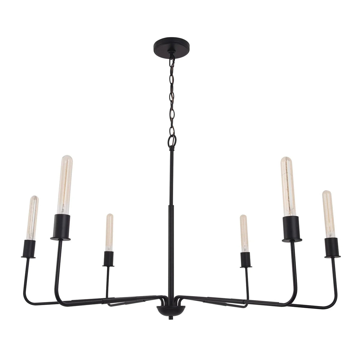 Black 6-light chandelier with curved metal arms and clear candelabra bulbs
