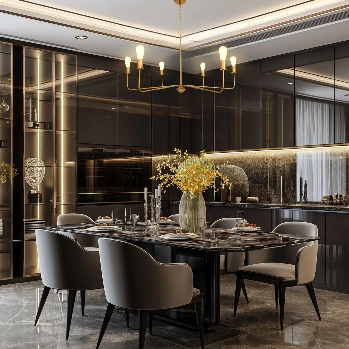 Gold-tone 6-light chandelier with curved arms and clear candelabra bulbs