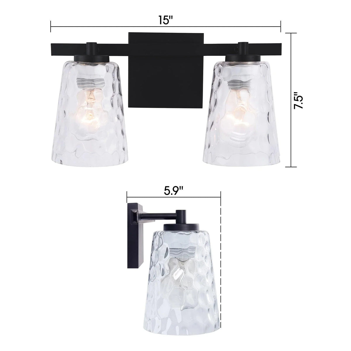 Modern 2-light vanity light with black bar and textured clear glass shades