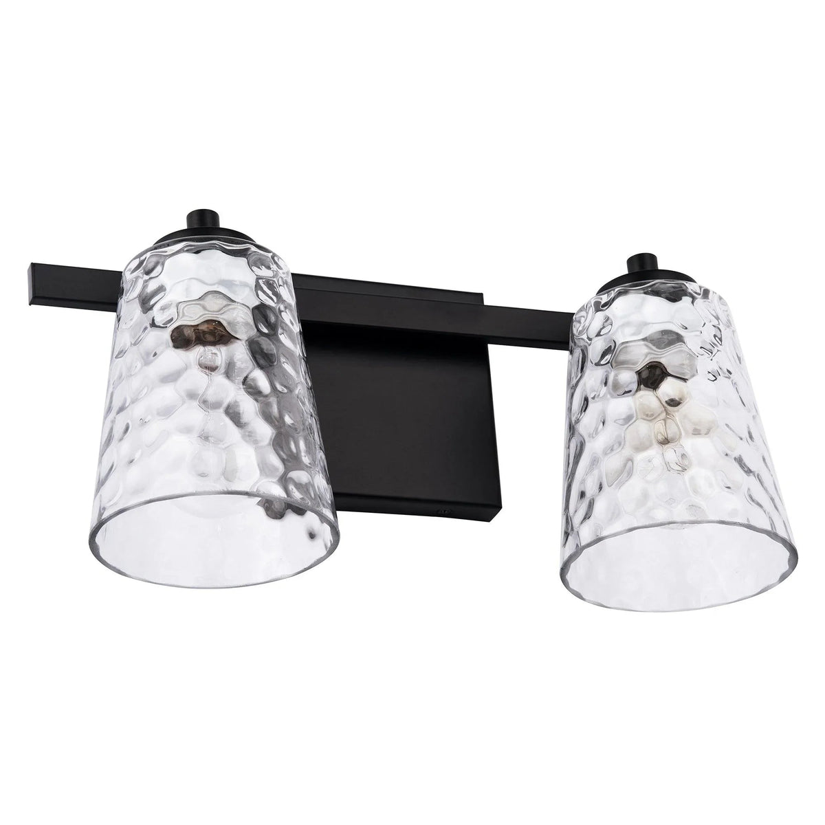 Two-light vanity sconce with black bar and textured clear glass shades