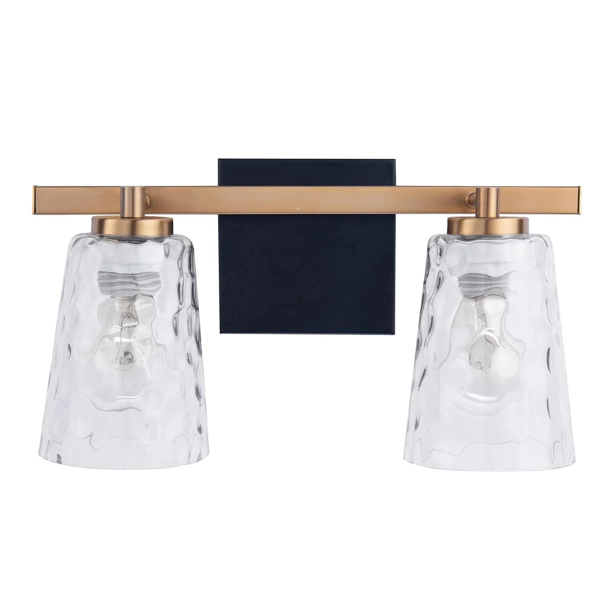 Modern 2-light dimmable vanity light with two clear glass shades, gold-toned arms