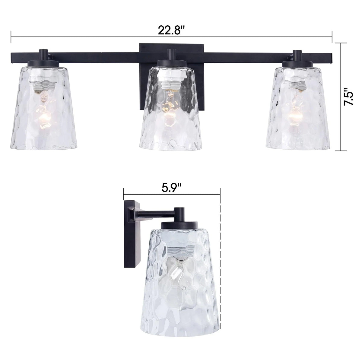 Black 3-light vanity light with textured clear glass shades, shown with measurements