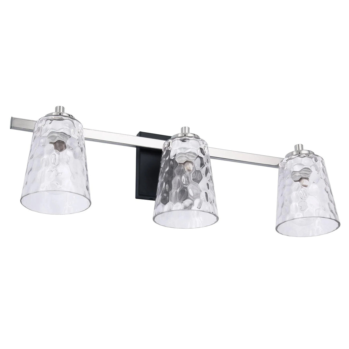 Brush nickel 3-light vanity light with clear textured glass bell shades