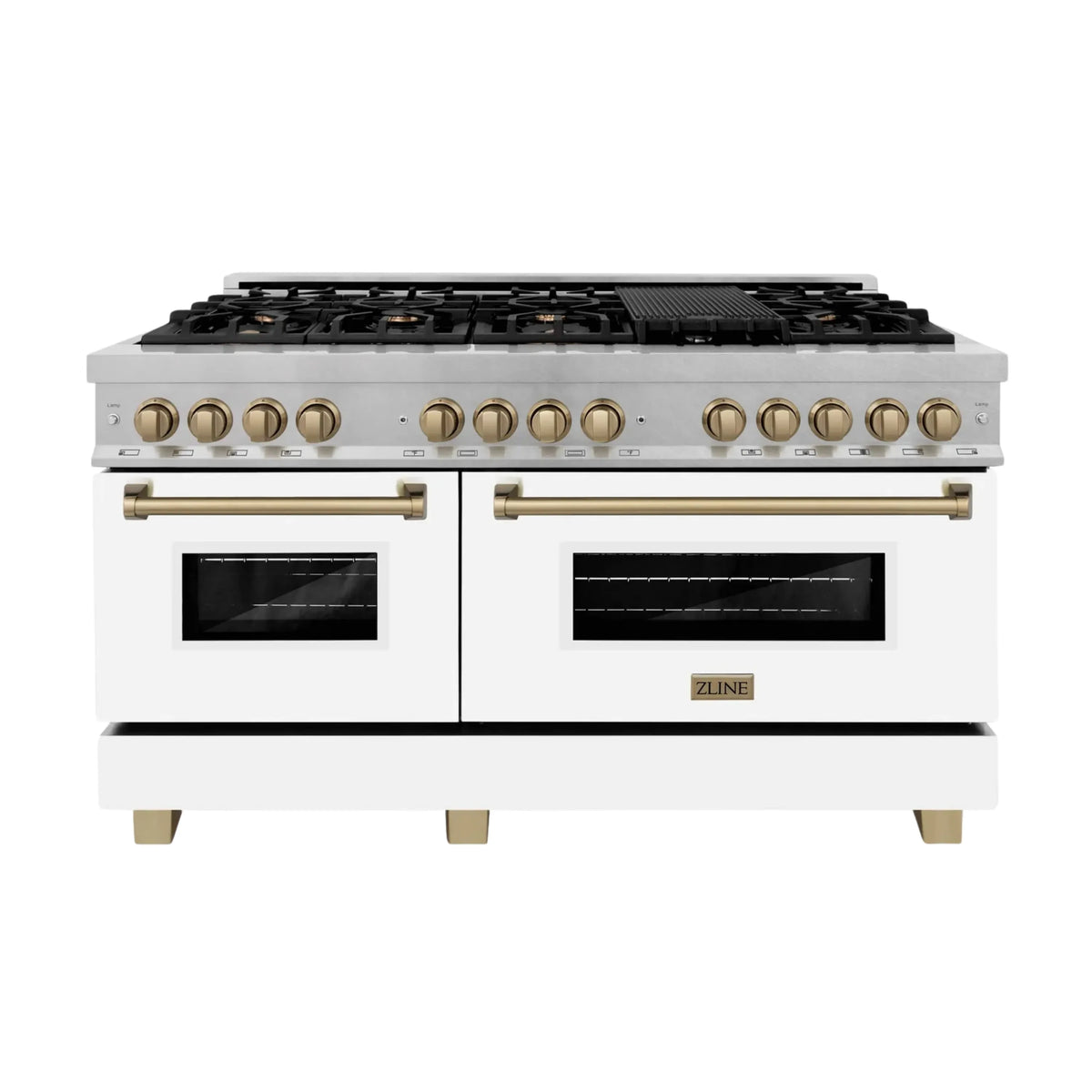 ZLINE Legacy Series Autograph Edition 60-inch Dual Fuel Range with Gas Stove and 7.4 Cu. Ft. Electric Oven in Fingerprint Resistant Satin Stainless Steel with White Matte Door and Bronze Accents (RASZ-WM-60-CB)