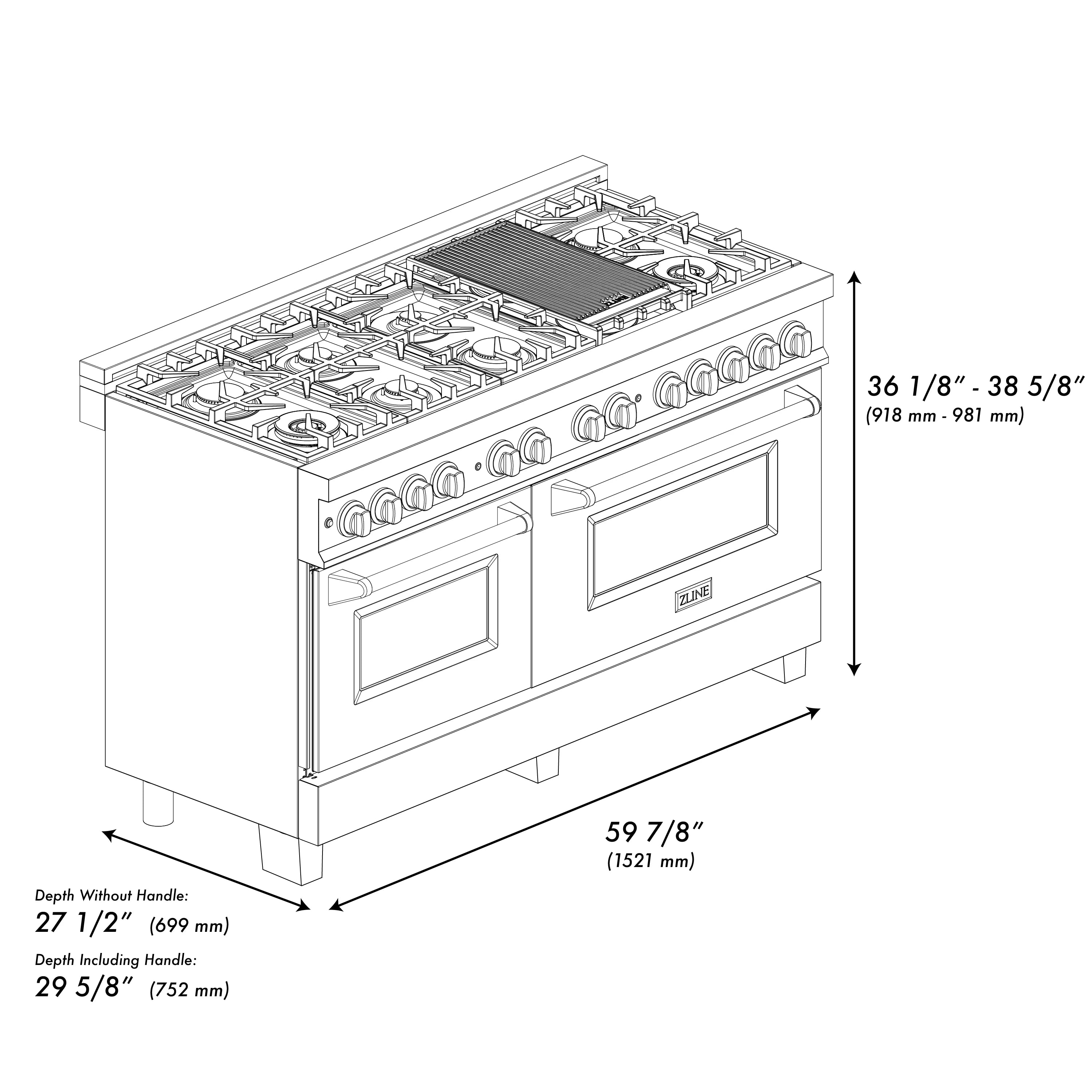 ZLINE dual fuel range size diagram with width, depth, and height measurements