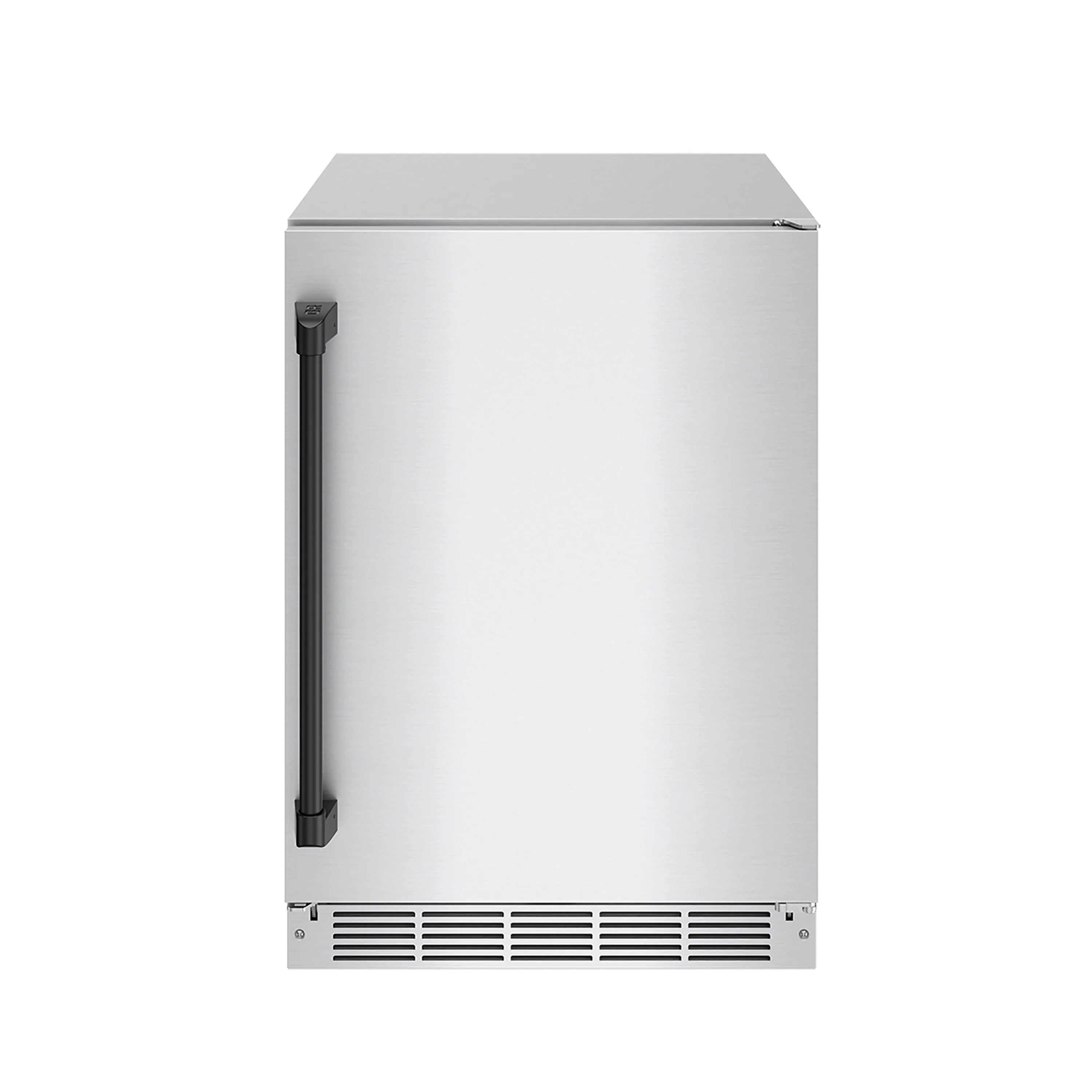 Stainless steel beverage cooler with black handle and front ventilation grille, closed door