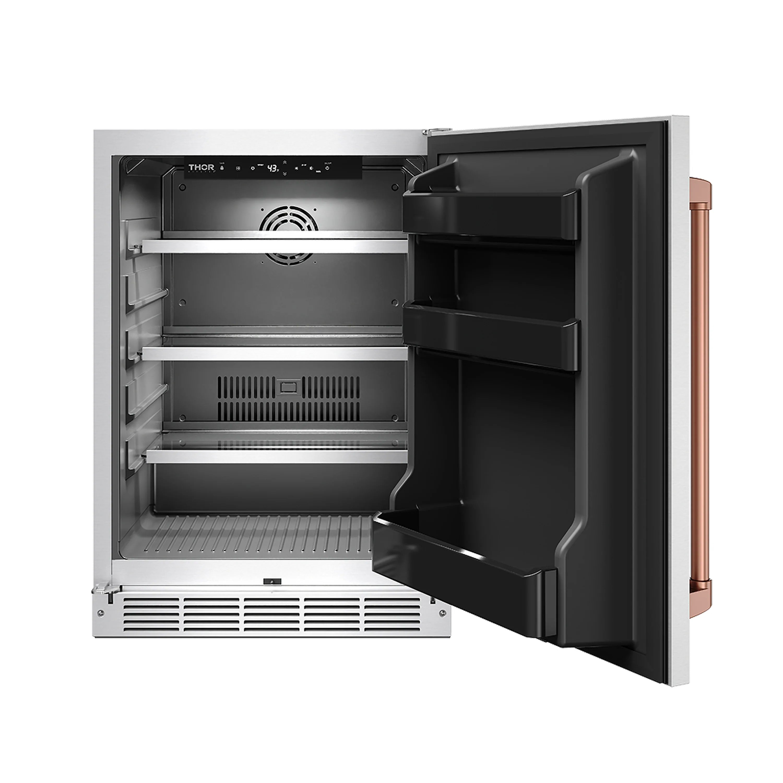 Outdoor beverage cooler with open door showing black interior shelves and rear fan, rose gold handle
