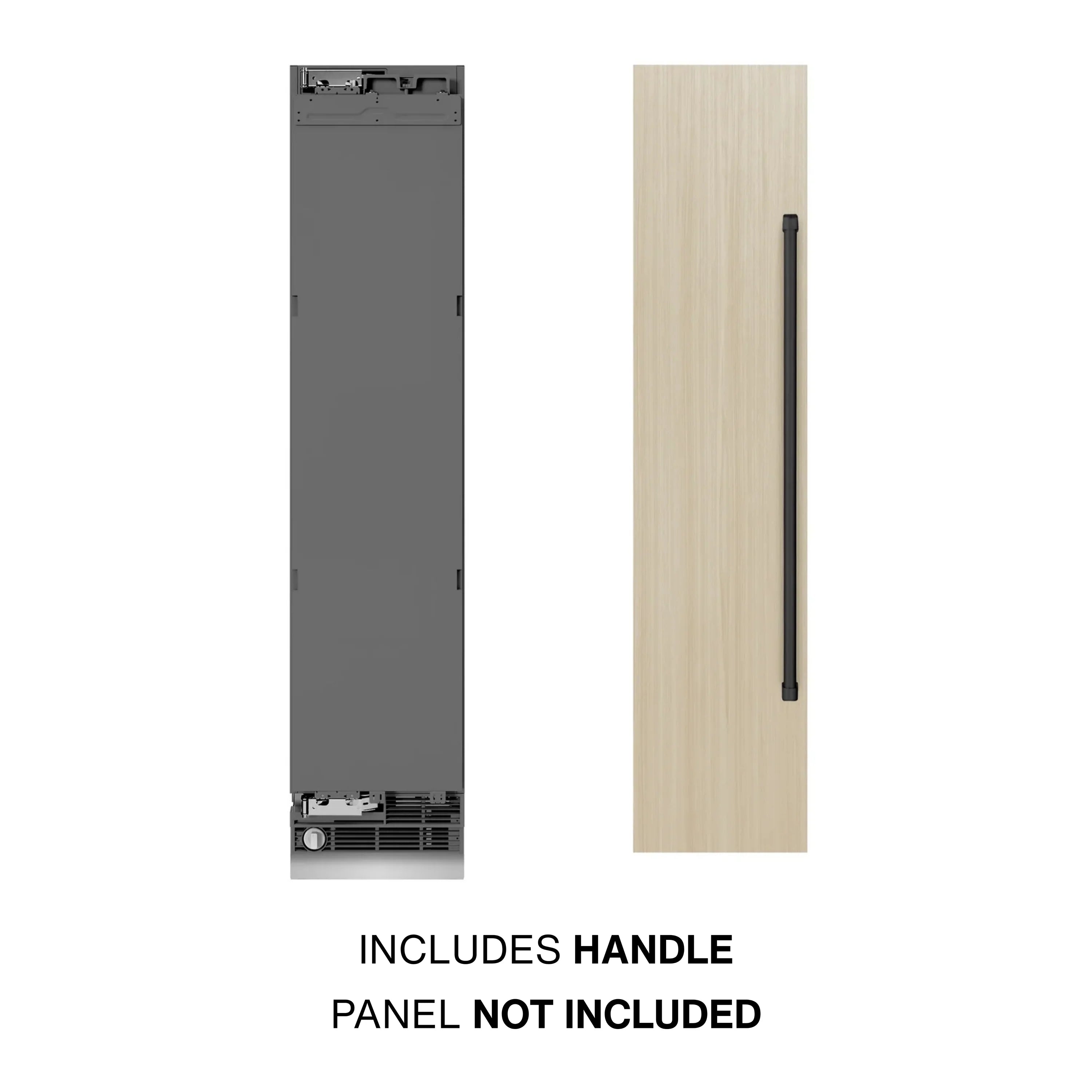Panel-ready freezer door with integrated handle and cutout for custom front panel