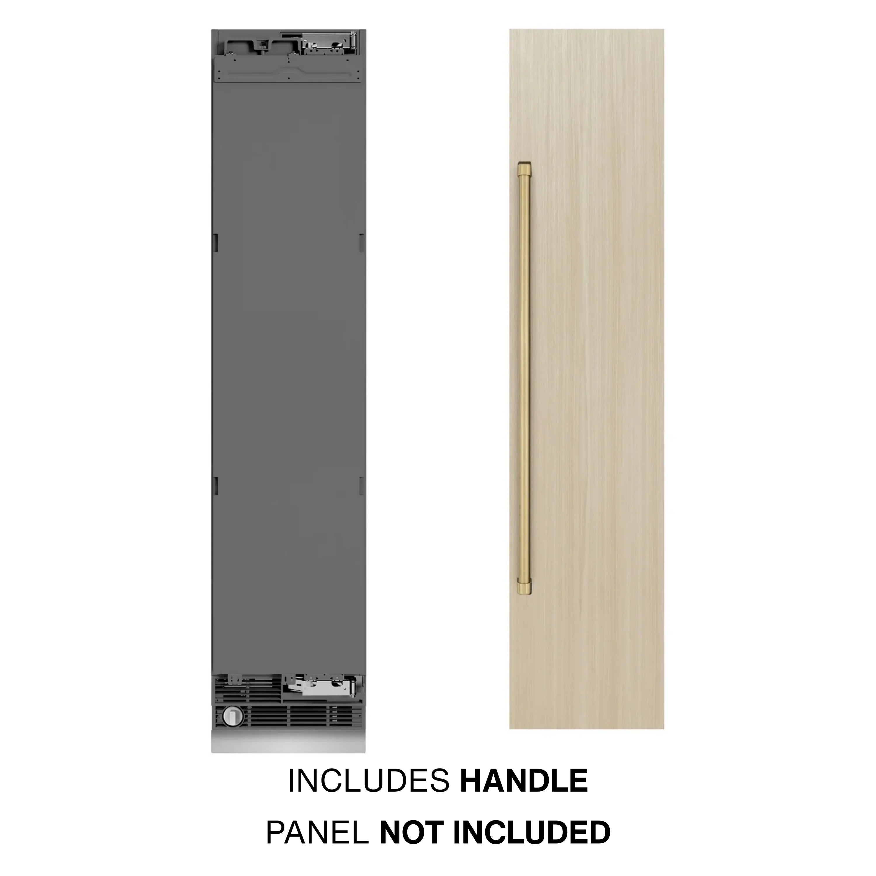 Panel-ready column freezer with included handle; panel not included, right-hinge setup.