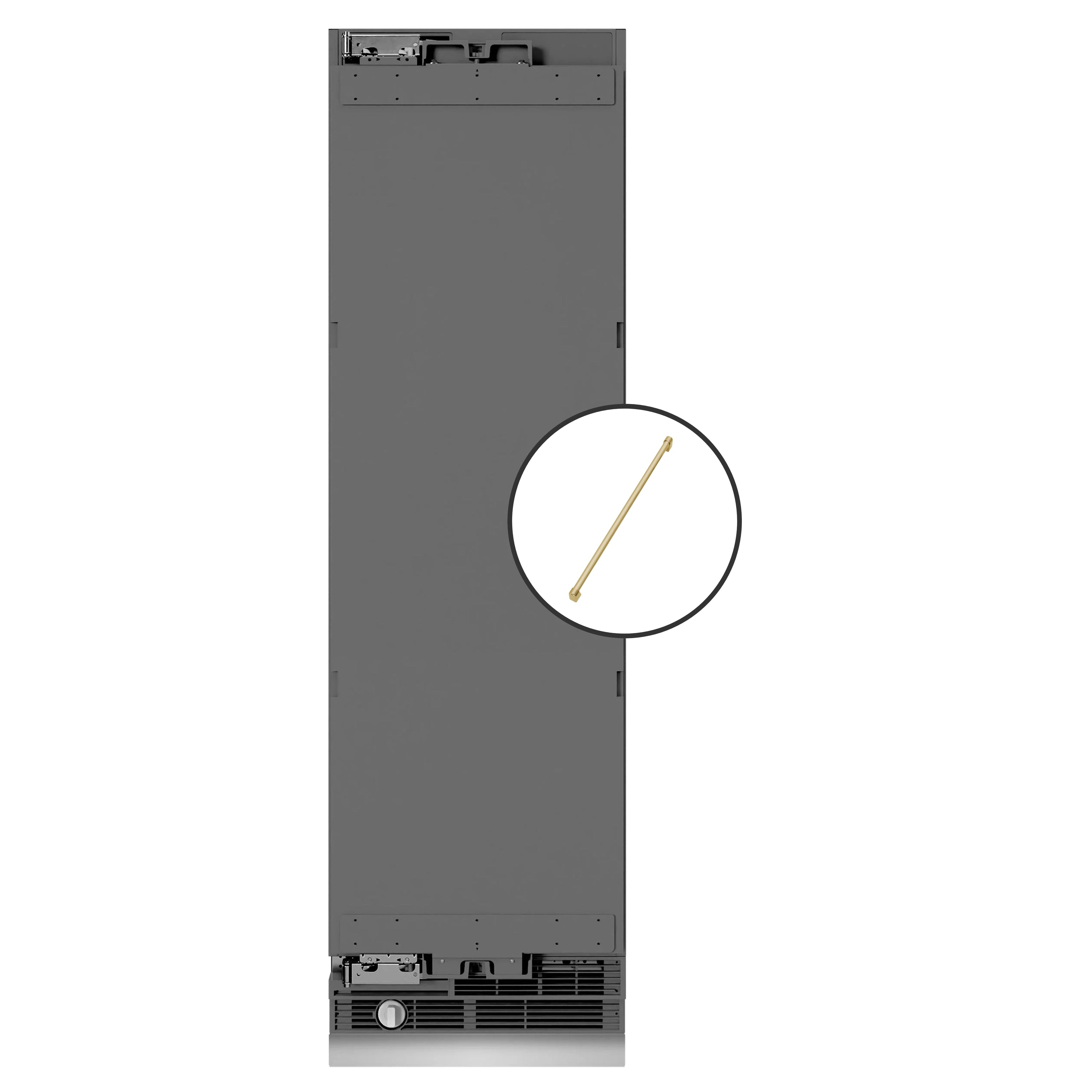 Panel-ready column freezer, graphite gray door with polished gold handle accents