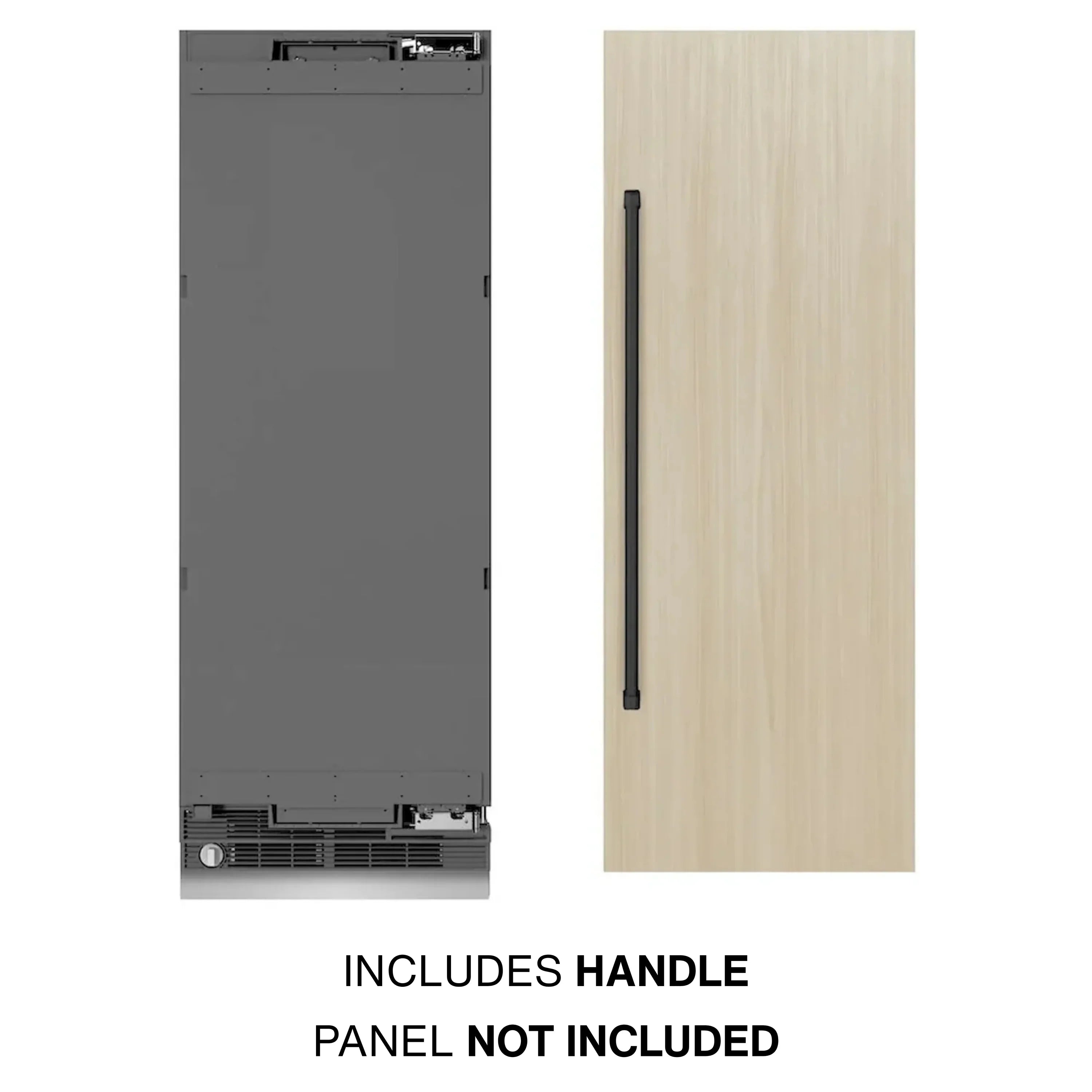 Panel-ready column refrigerator with dark gray exterior and black recessed handle