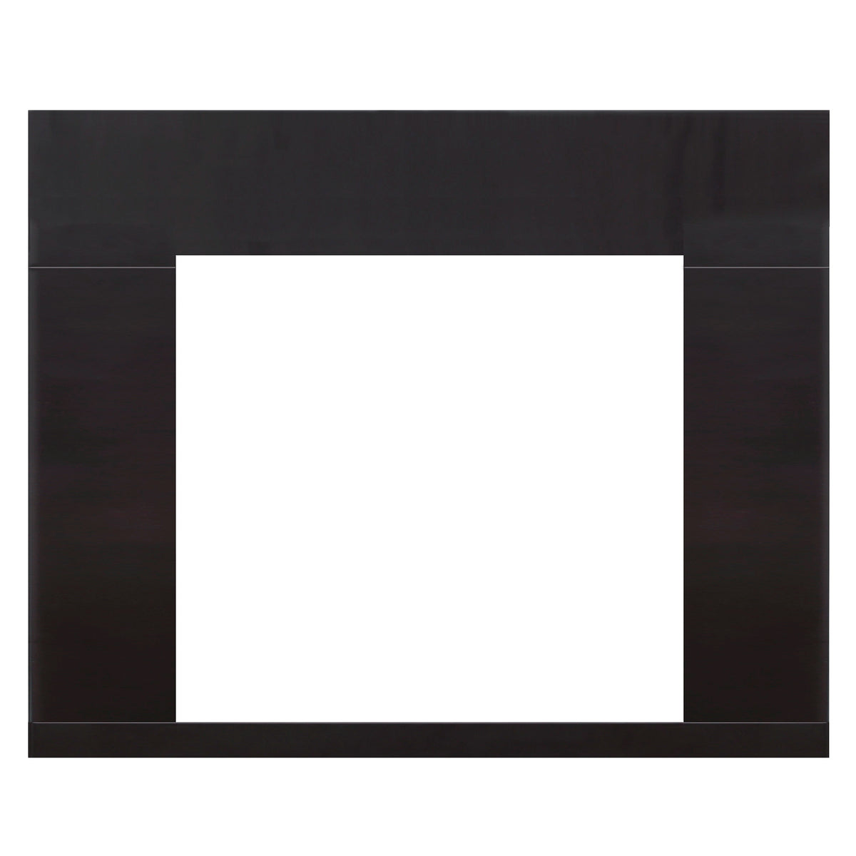 Black fireplace installation trim with open center, square surround panel