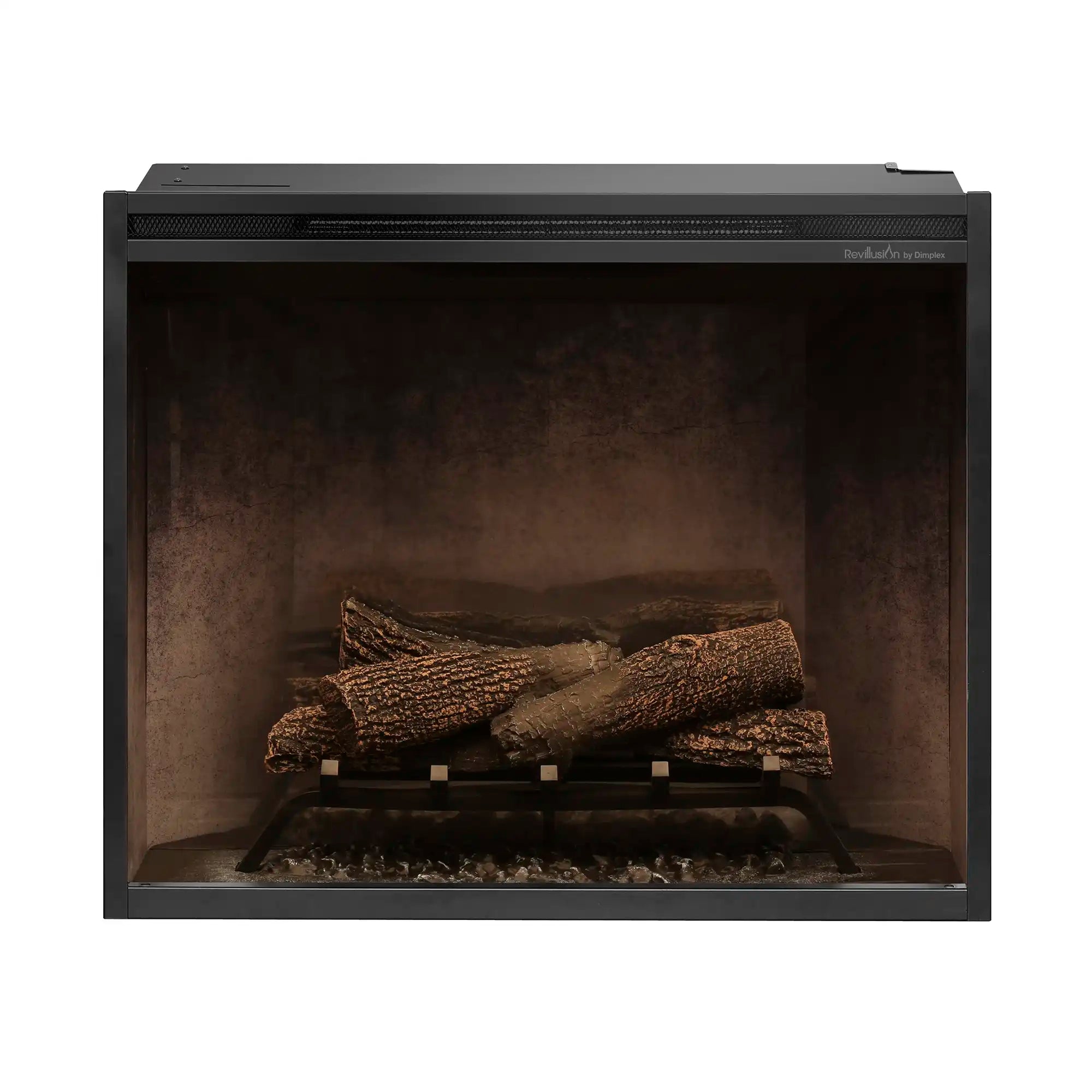 30-inch electric firebox with faux logs and dark fire bed, front view unlit