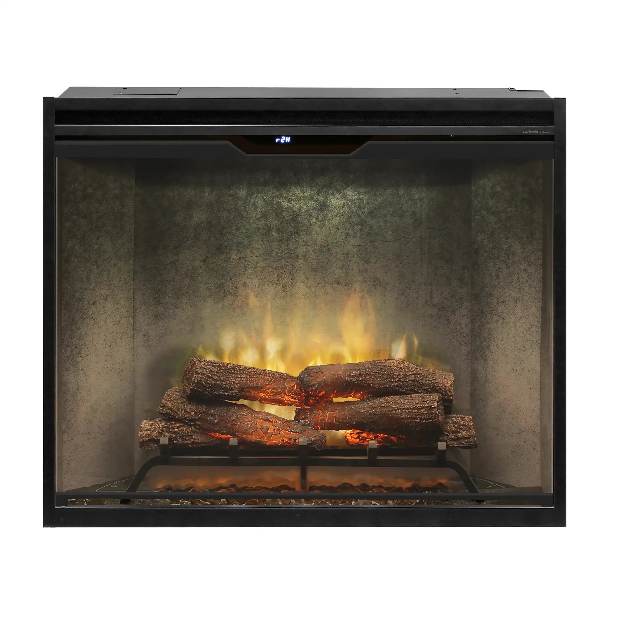 Portrait electric firebox with front glass, burning logs and ember glow