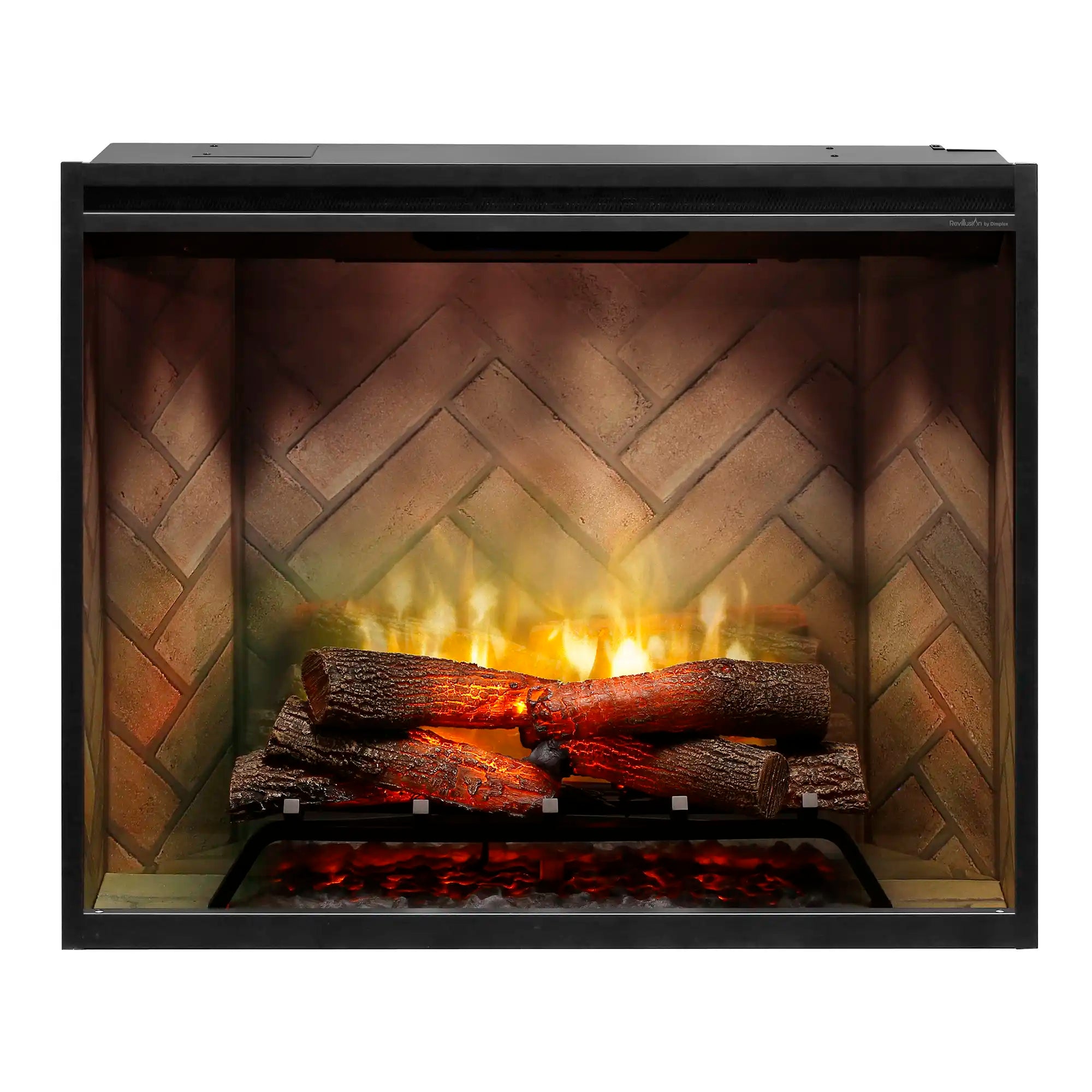 Black electric firebox with front glass showing flame and glowing logs