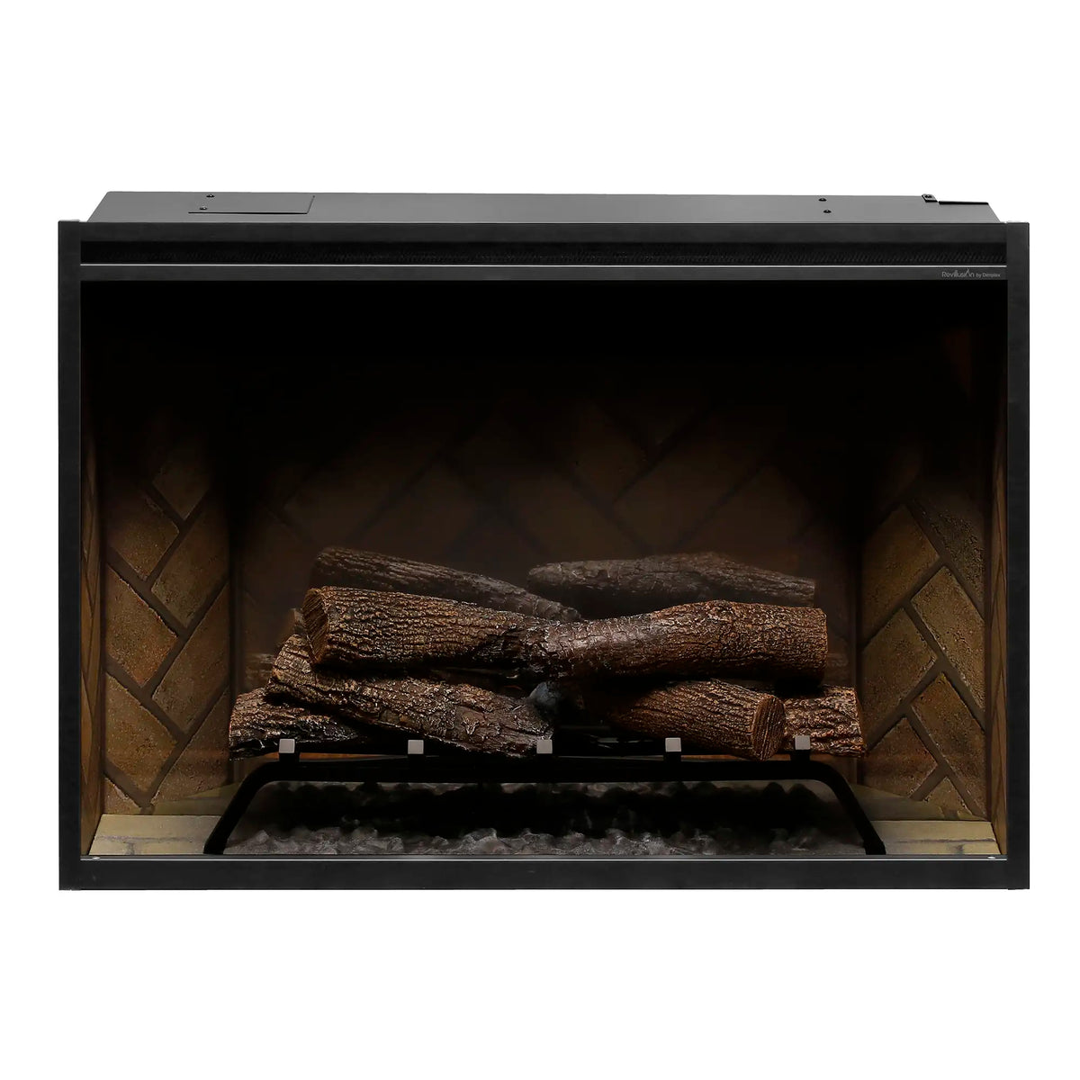 36-inch built-in electric firebox with black frame, unlit logs, and stone-look back panel