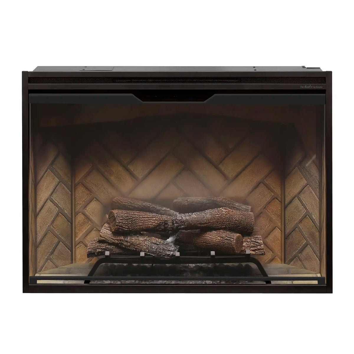 Built-in electric firebox showing dark log set with herringbone firebrick backdrop