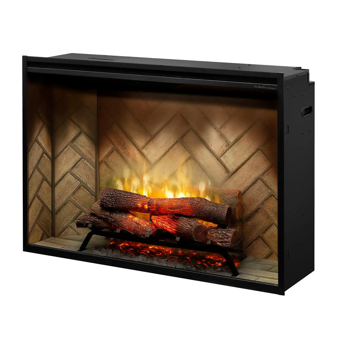 Dimplex built-in electric firebox with herringbone back, bright flame and glowing logs
