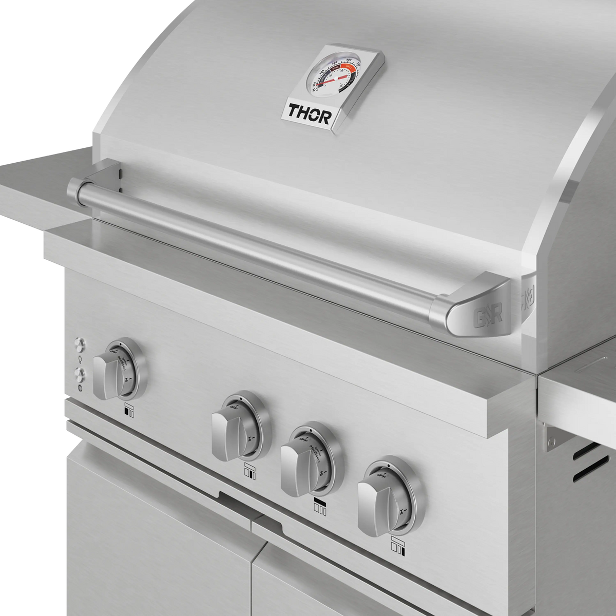 Stainless steel gas grill with four control knobs and side burner shelf