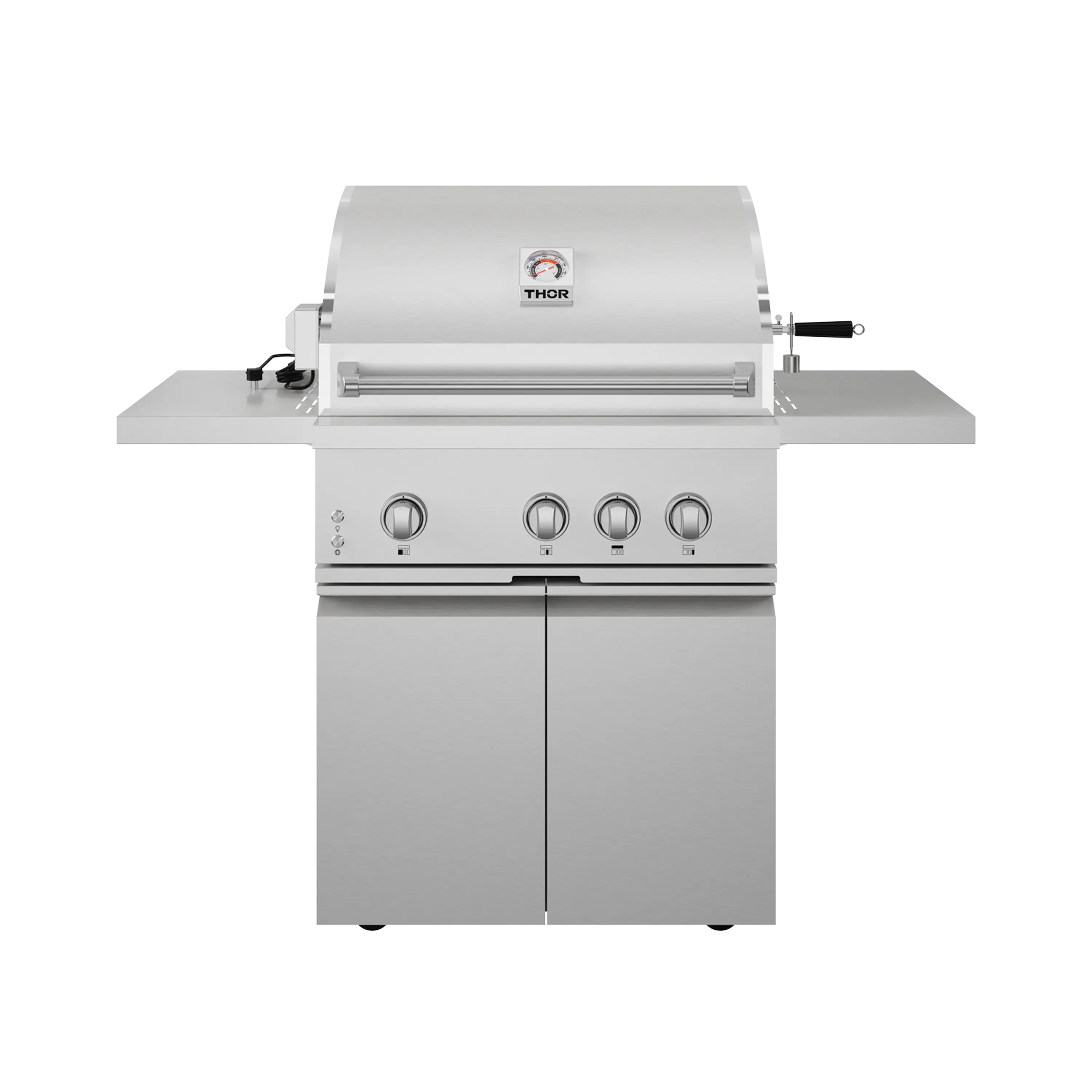 Stainless steel freestanding gas grill with closed lid and front control panel