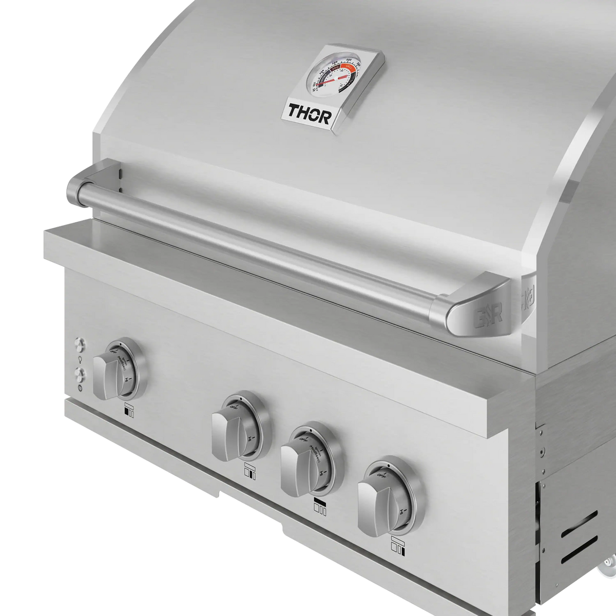 Front view of stainless steel built-in gas grill with four control knobs and burner area