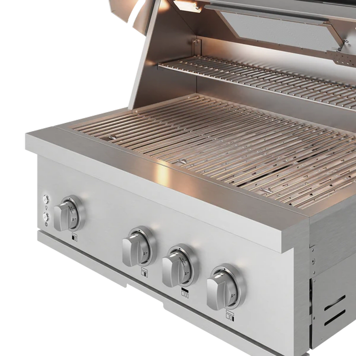 Built-in gas grill with open hood revealing stainless steel cooking grates and burner bars