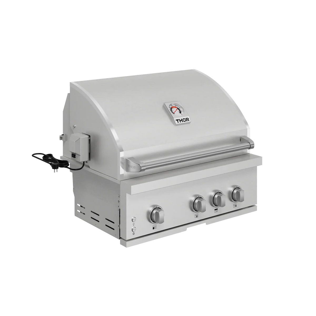 Stainless steel built-in gas grill with hood logo, four control knobs, and side handles