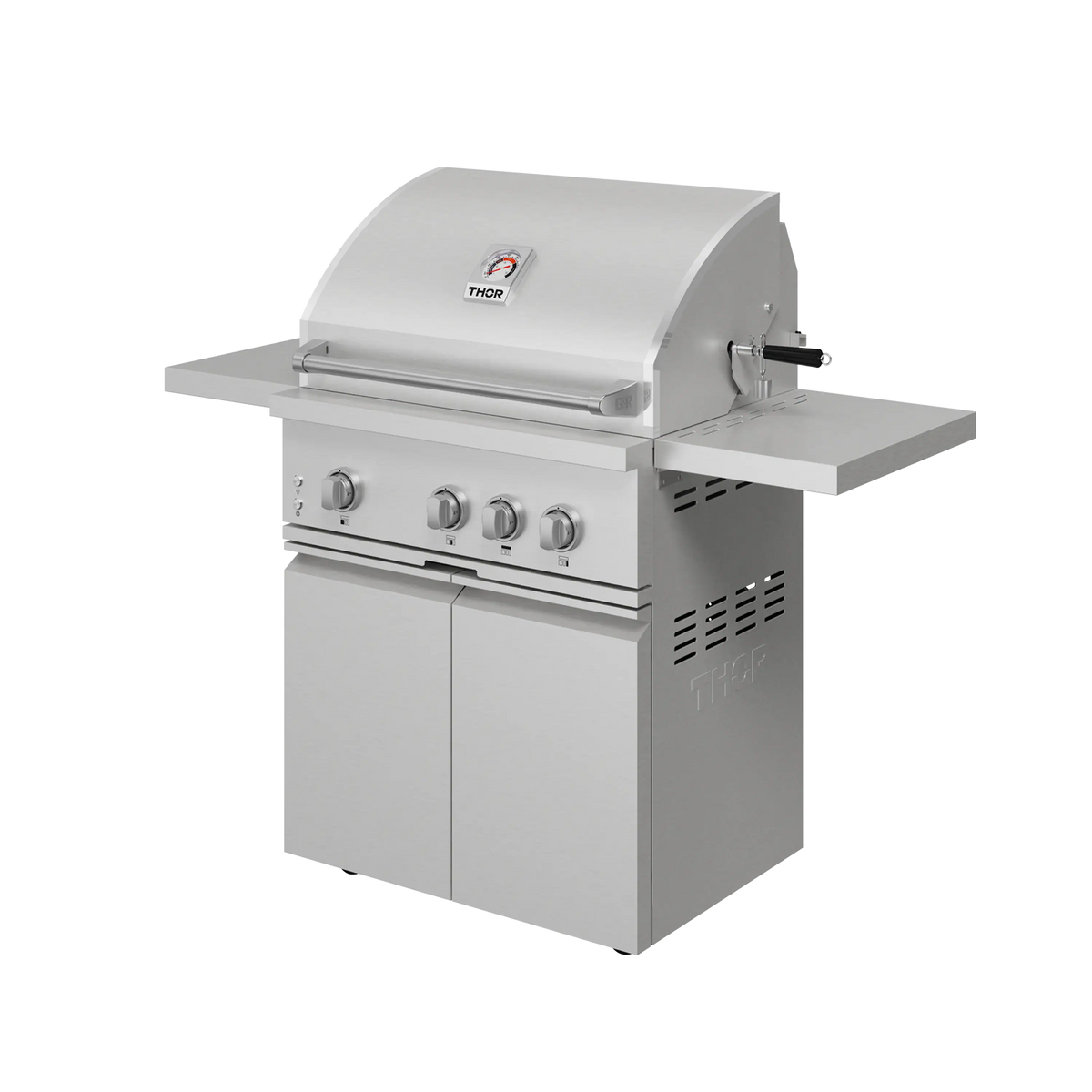 Stainless steel freestanding gas grill with control knobs and side shelves