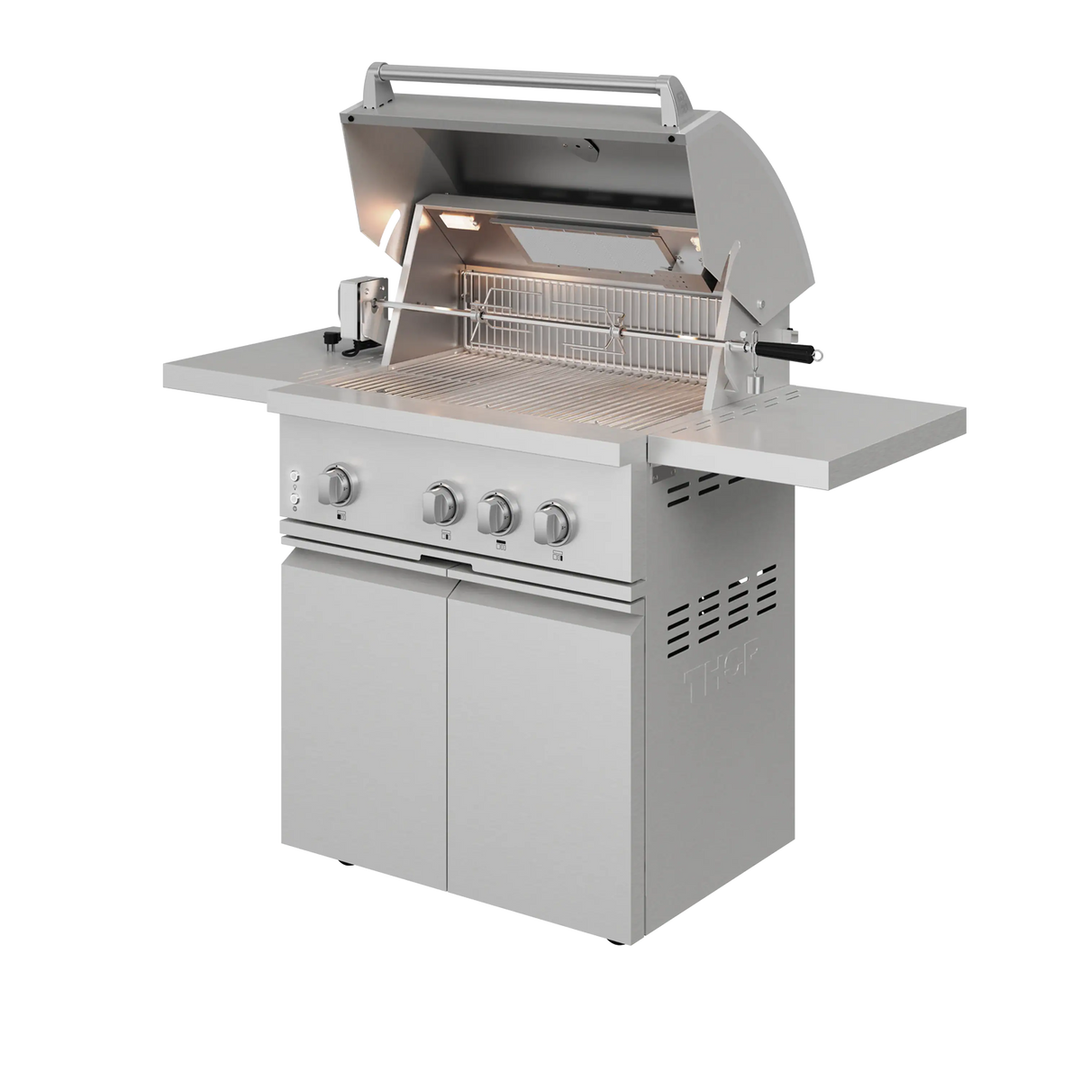 Stainless steel gas grill with open lid, warming rack, and front knobs