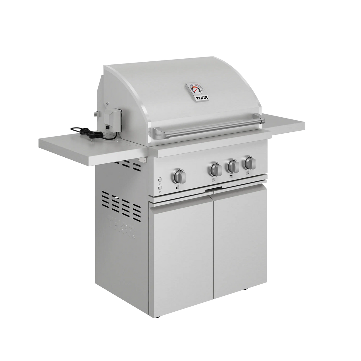 Stainless steel gas grill with side controls, closed lid, and four knobs