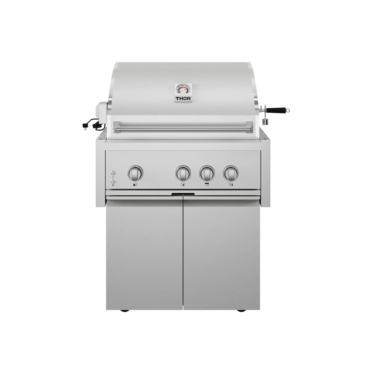 Stainless steel freestanding gas grill with four burner knobs and Thor logo