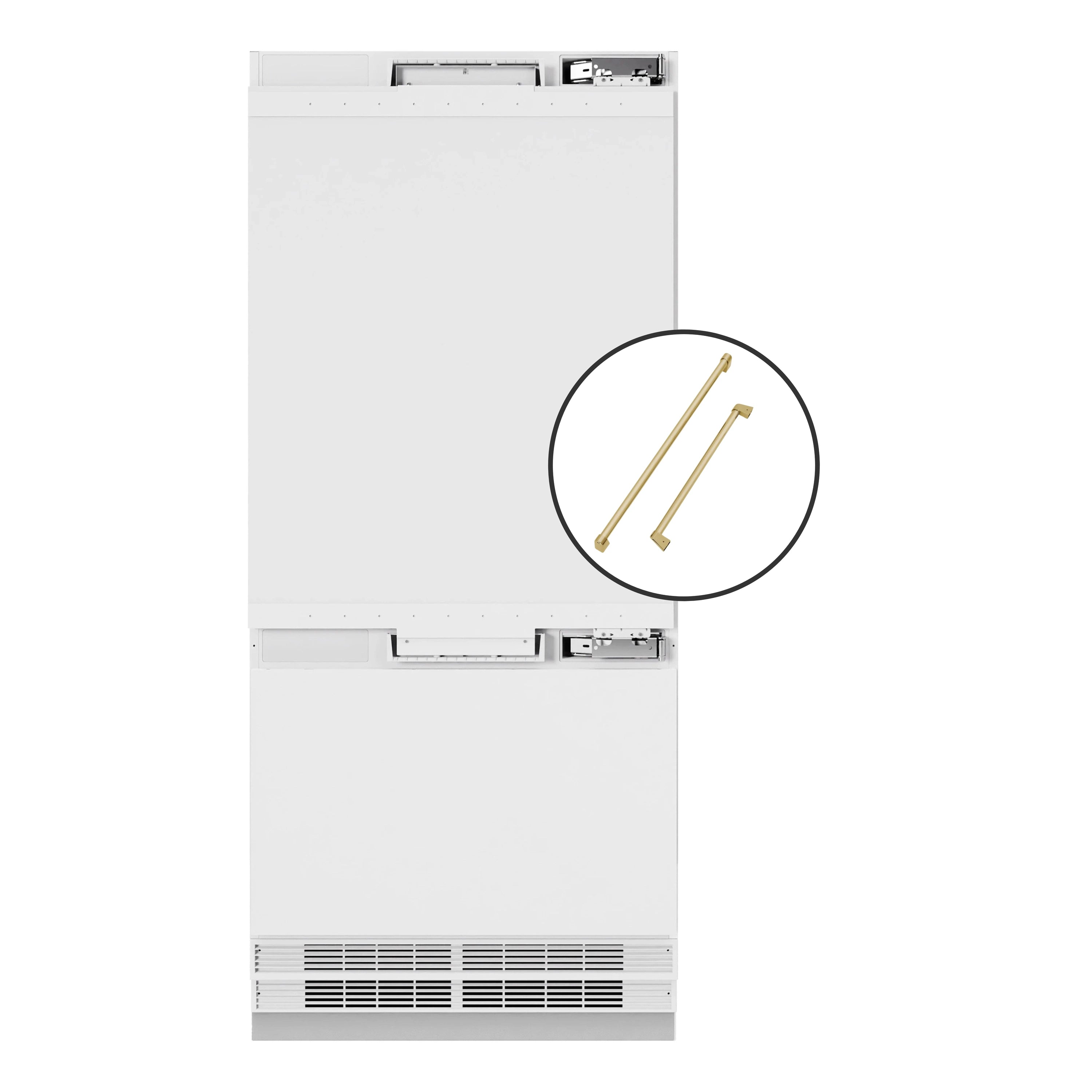 Panel-ready bottom freezer refrigerator in white with inset detail of champagne bronze handles