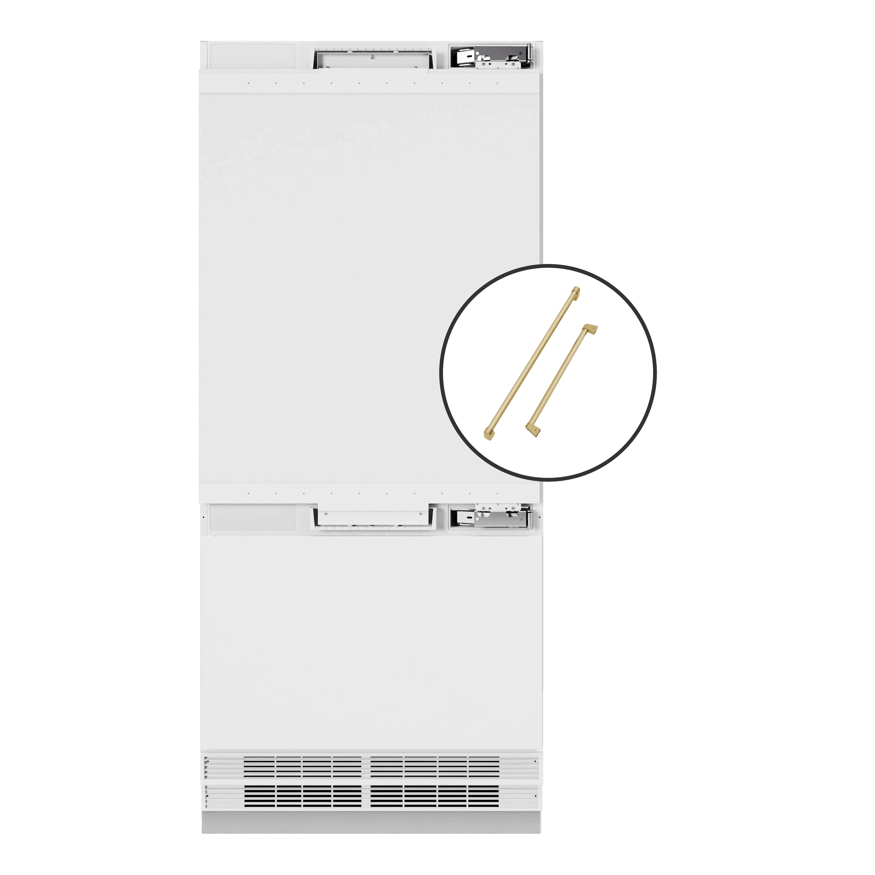Panel-ready bottom freezer refrigerator with gold accent handle featured