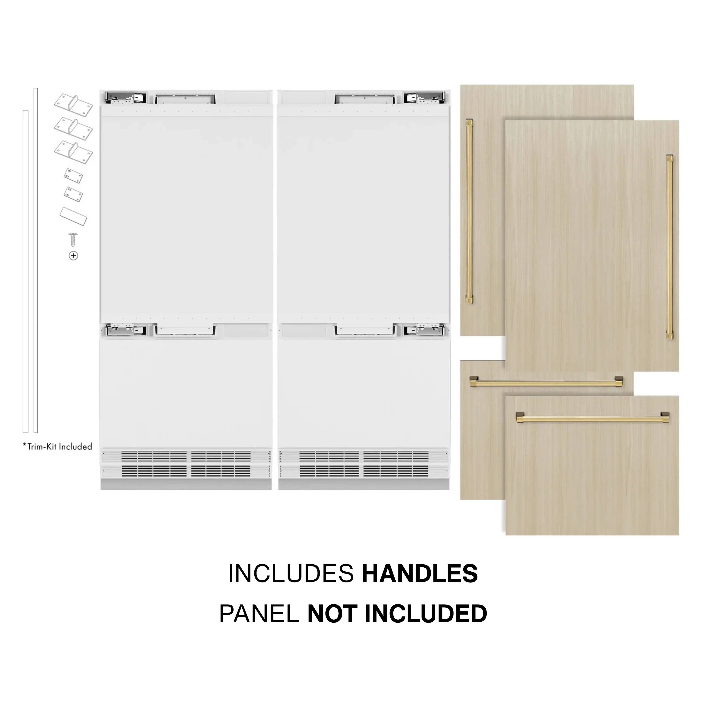 Panel-ready refrigerator doors with included handles and airflow grilles at bottom