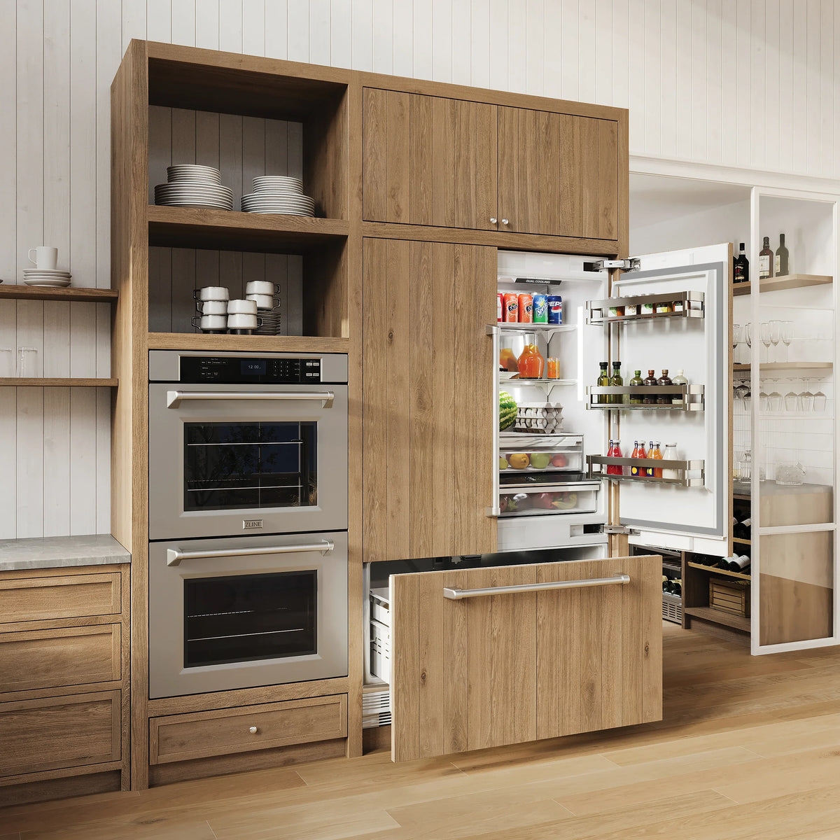 Stainless steel double wall oven with two black glass doors
