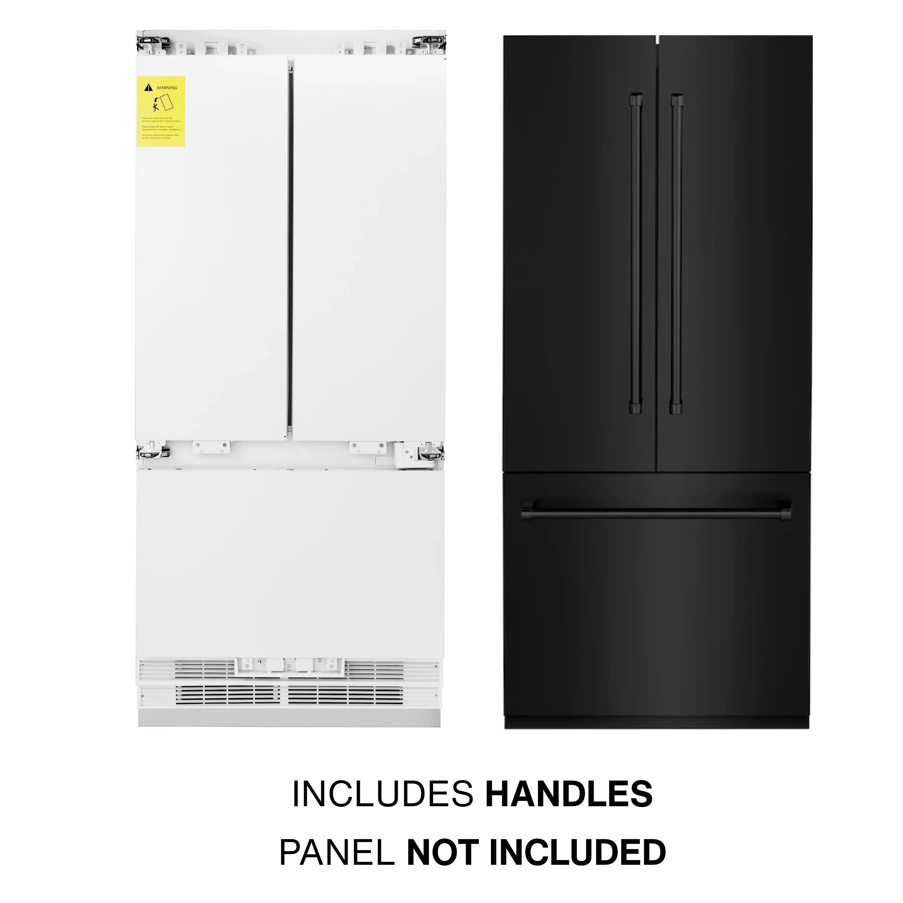Black refrigerator doors with two stainless steel handles; panel not included
