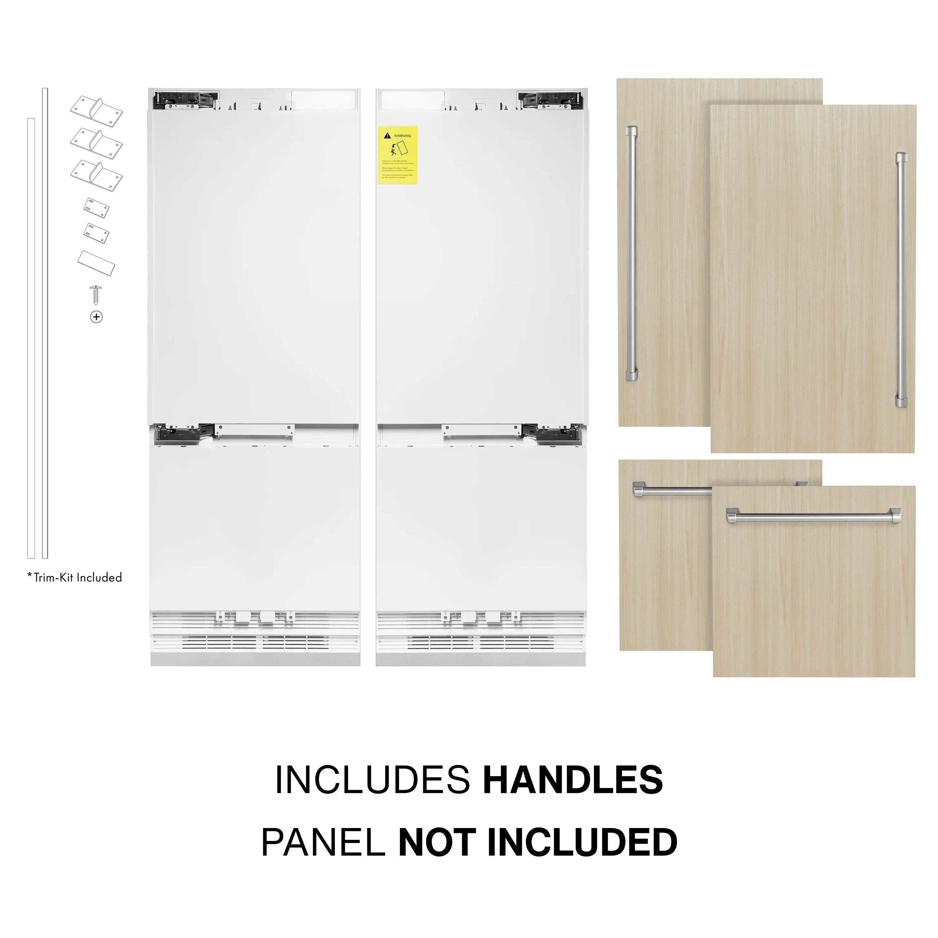 Panel-ready refrigerator door setup with handle kit and panel slots, handles included