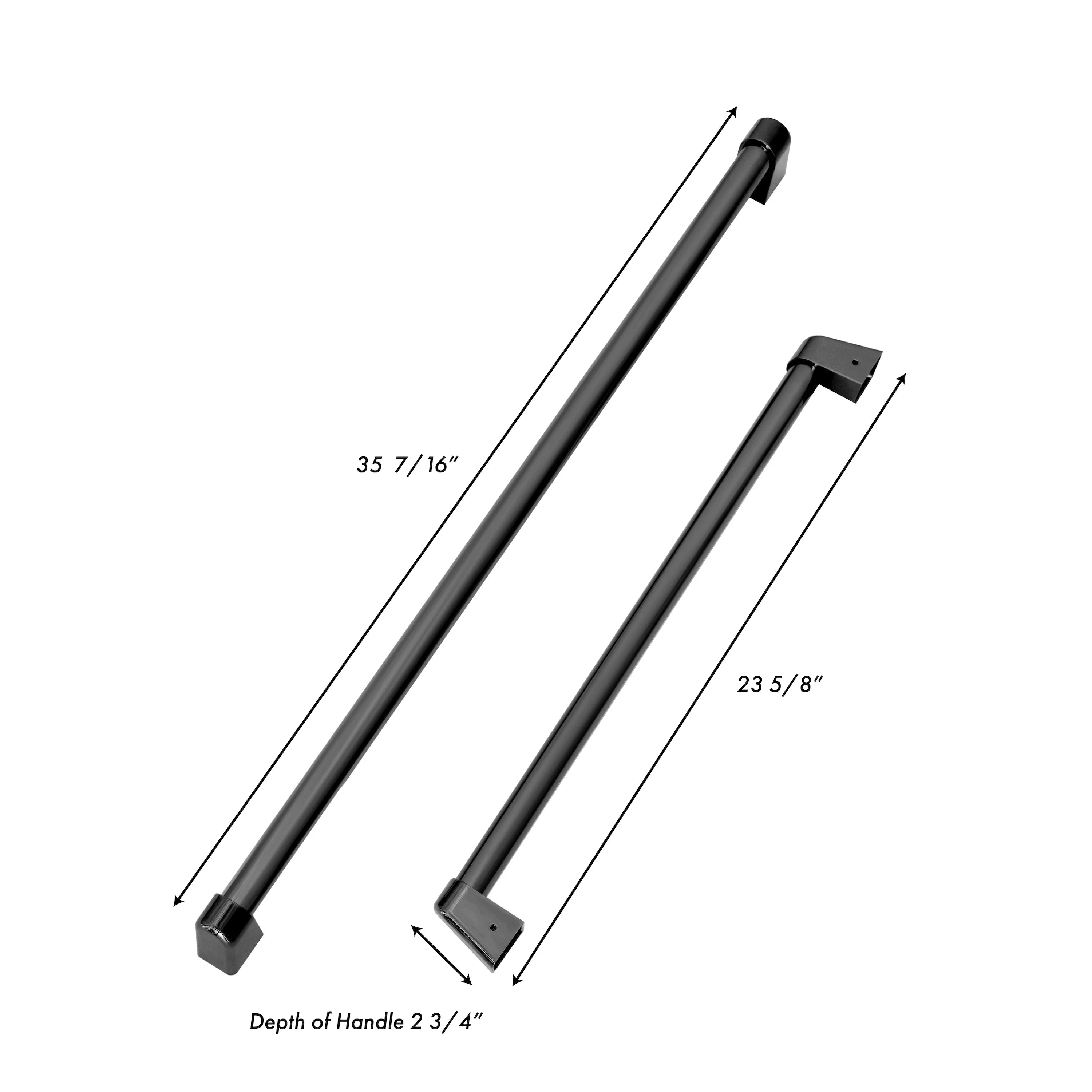 Black bar refrigerator door handles shown with dimension labels