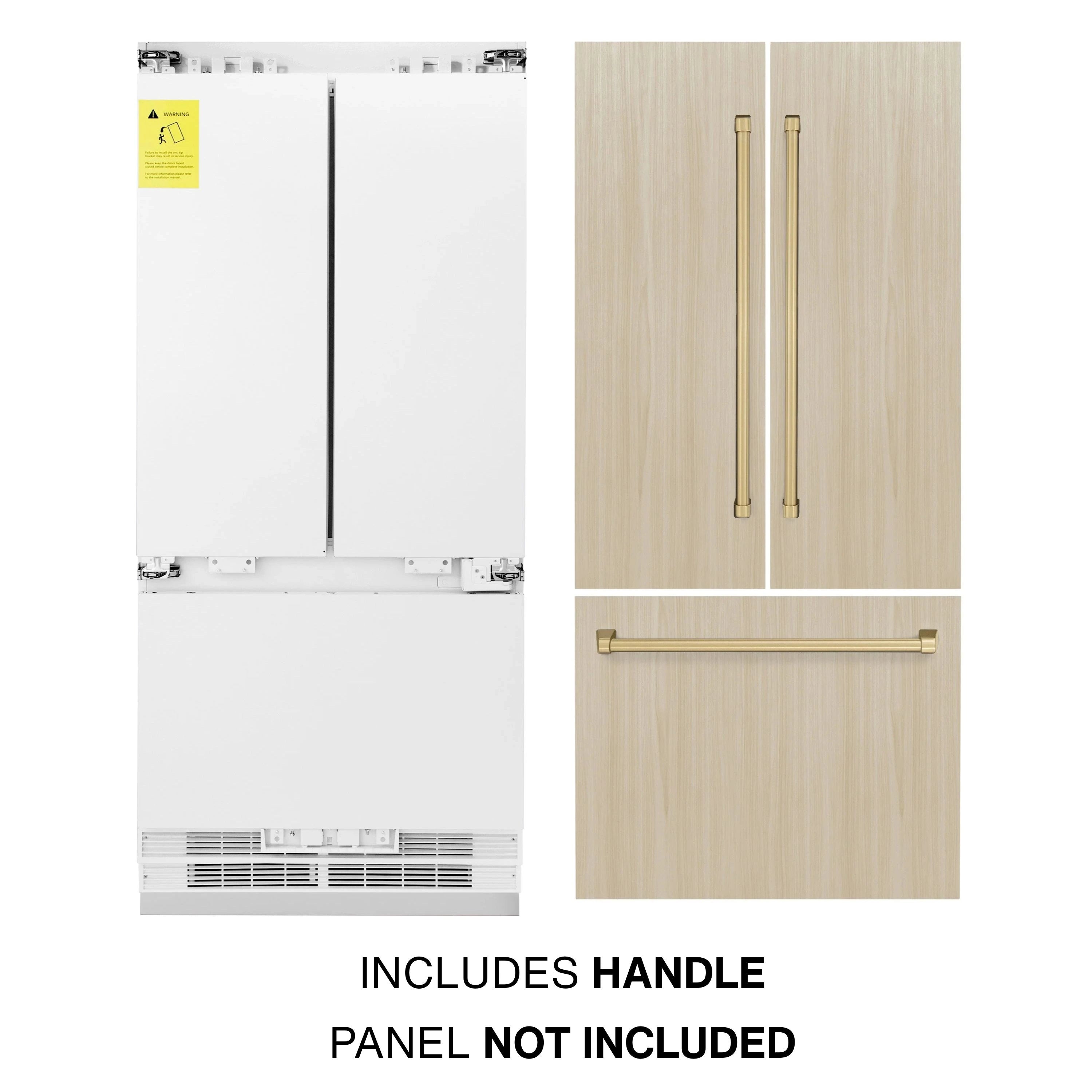 Panel-ready refrigerator with champagne bronze handles shown beside a wood panel mockup