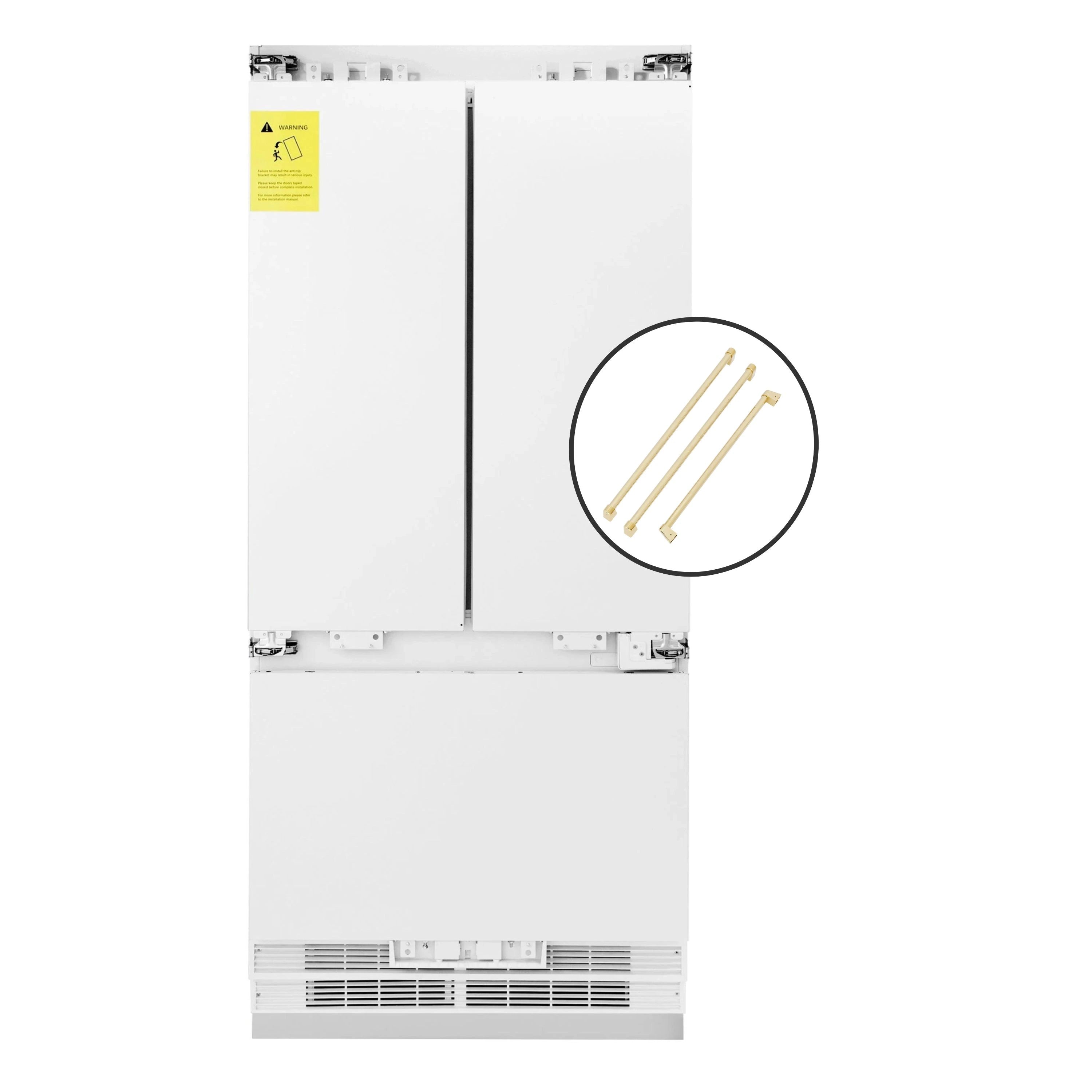 Panel-ready refrigerator with polished gold handles shown in a close-up inset