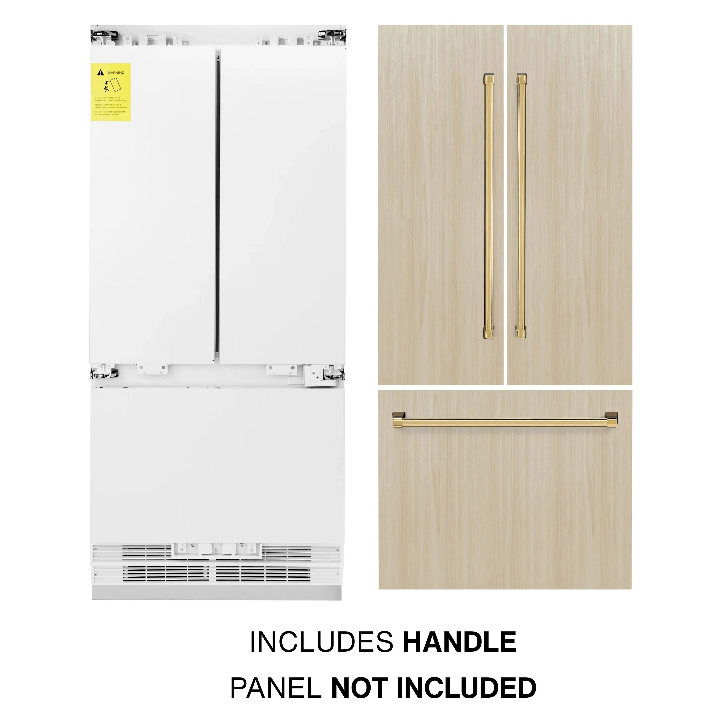 Panel-ready refrigerator with polished gold handles; includes handle, panel not included