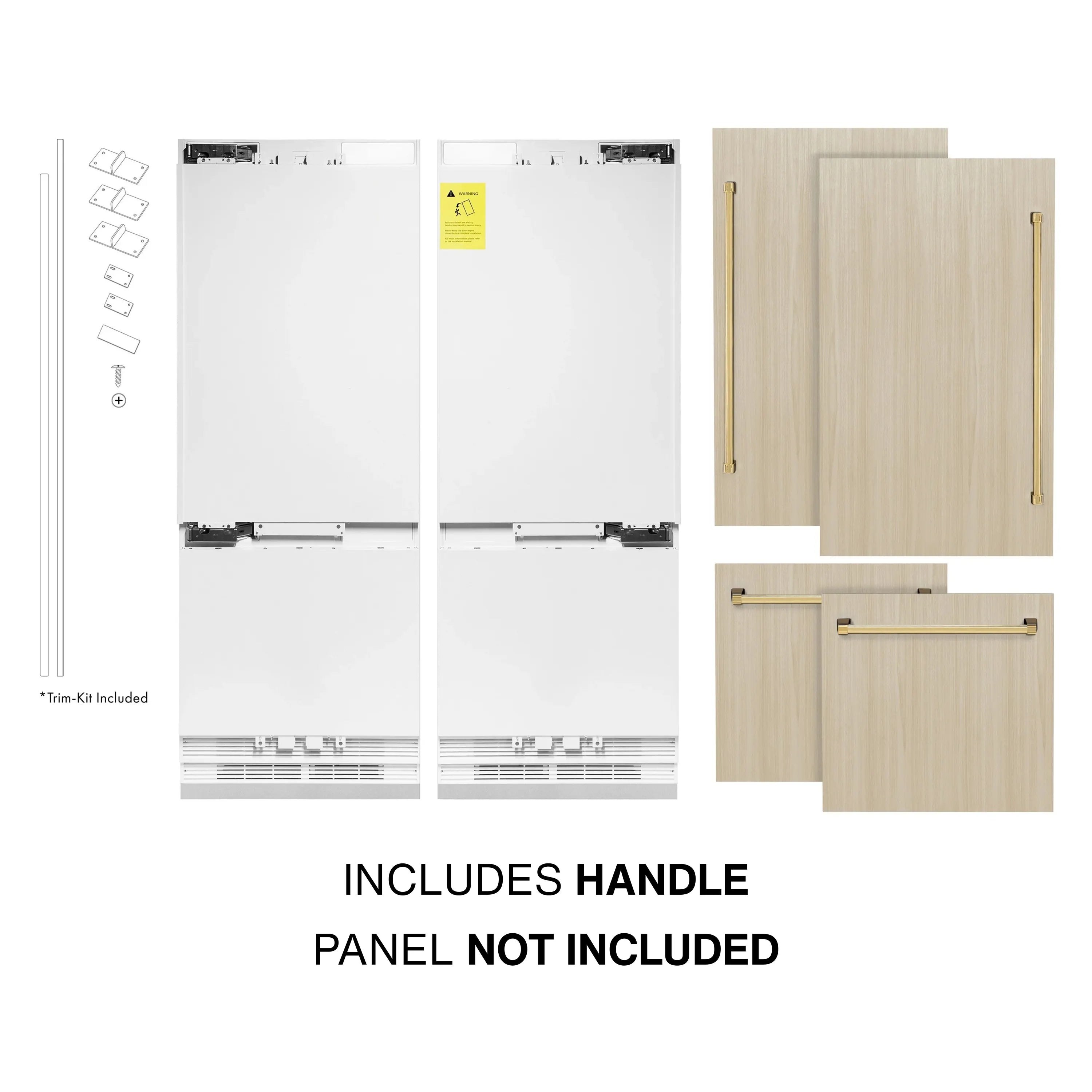 Panel-ready refrigerator kit with includes handle; panel not included text shown