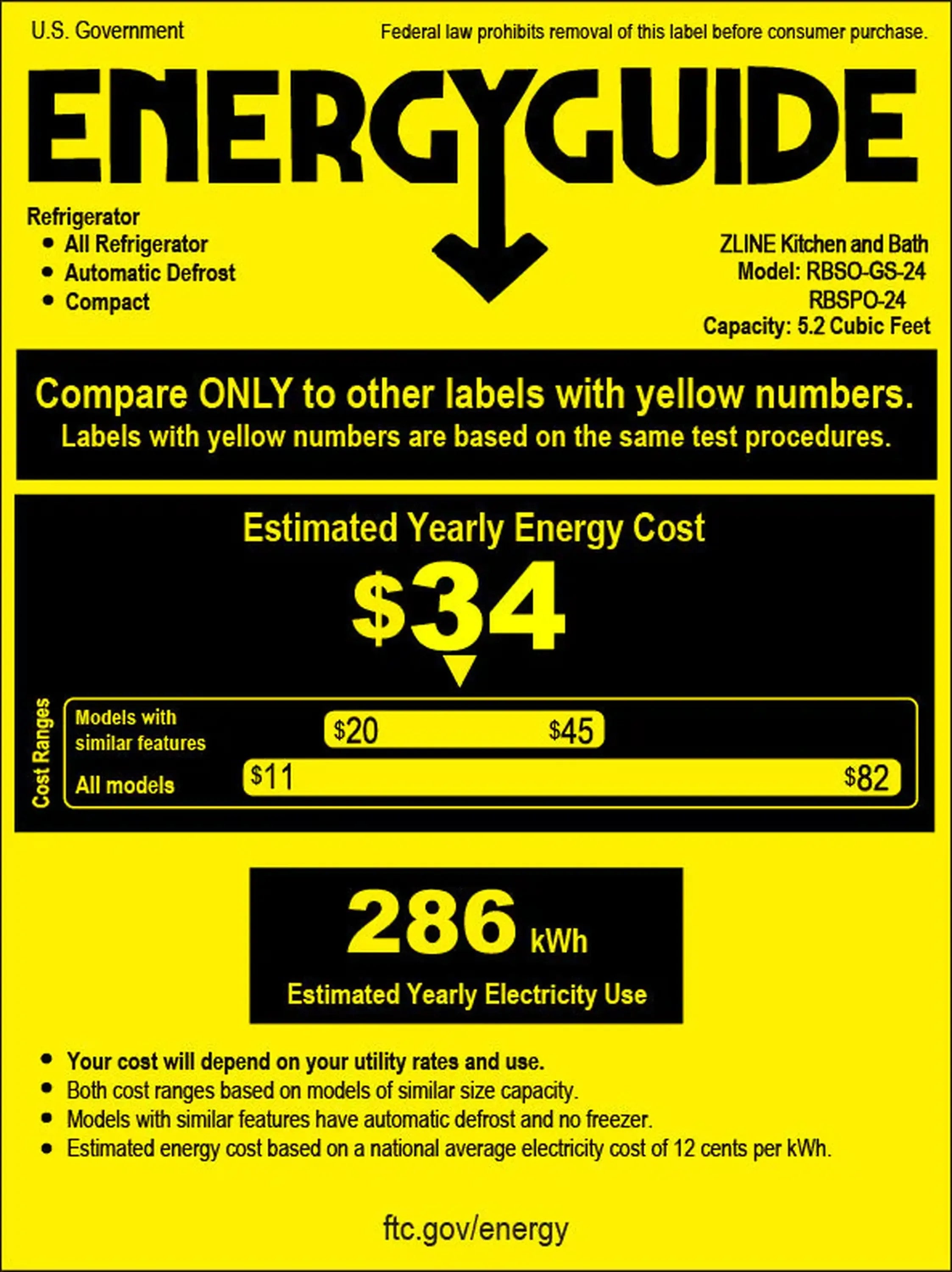 EnergyGuide label for ZLINE beverage refrigerator with estimated yearly electricity cost