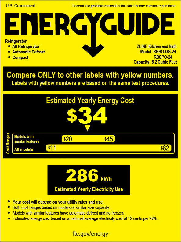 EnergyGuide label for wine cooler with estimated yearly electricity use