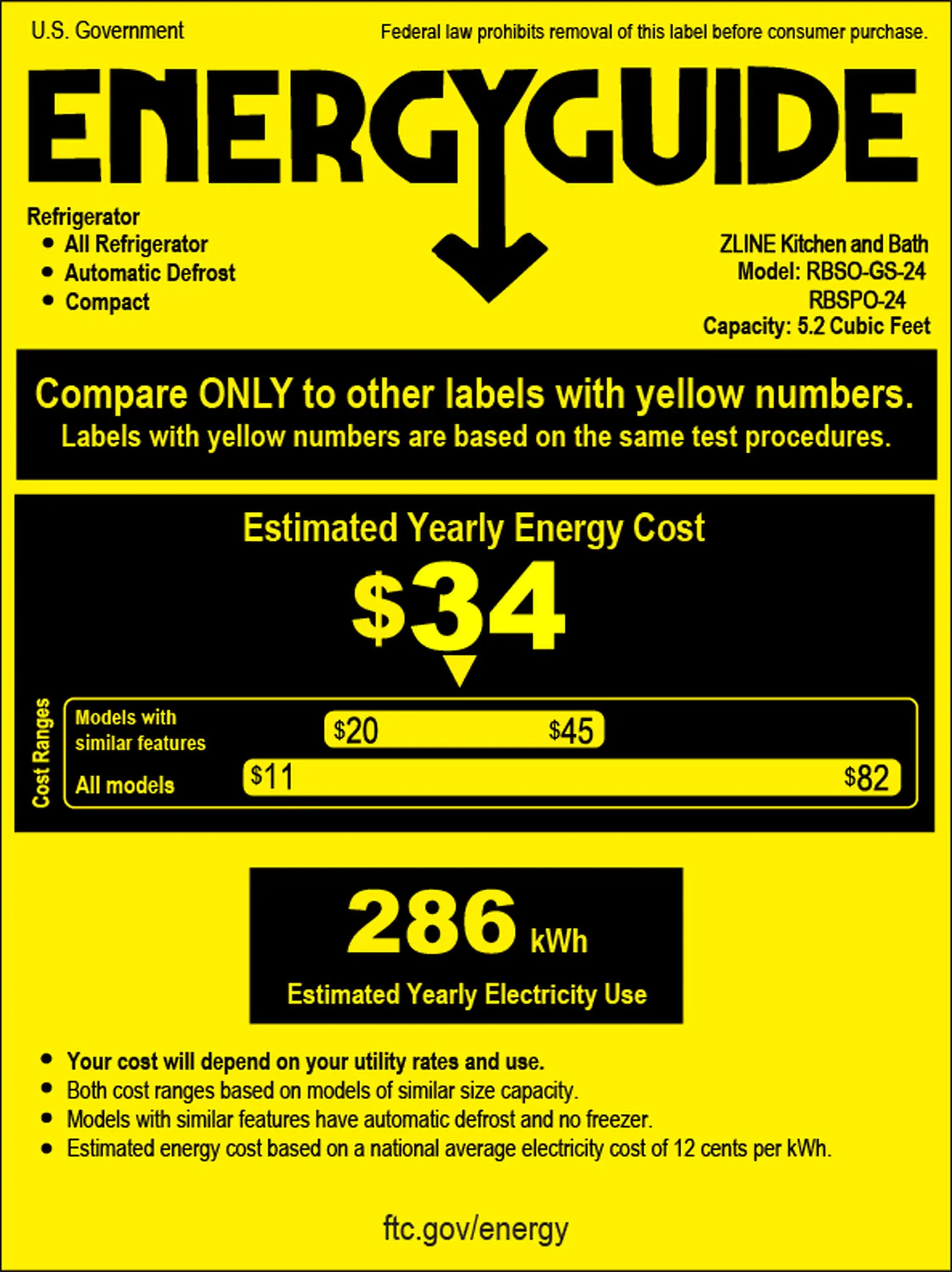 ENERGYGUIDE label for refrigerator energy cost and estimated electricity use