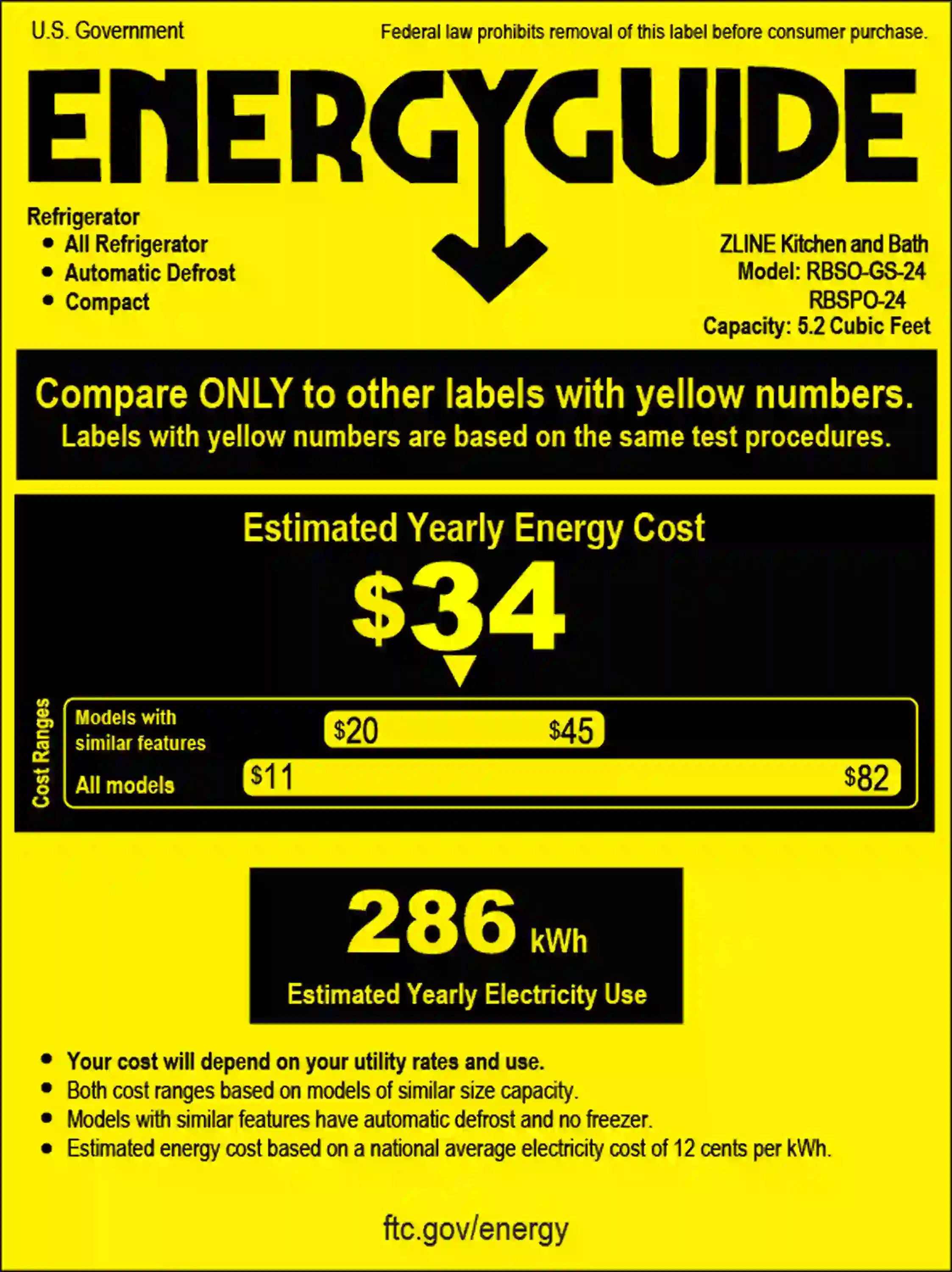 EnergyGuide label for beverage refrigerator with estimated yearly electricity use