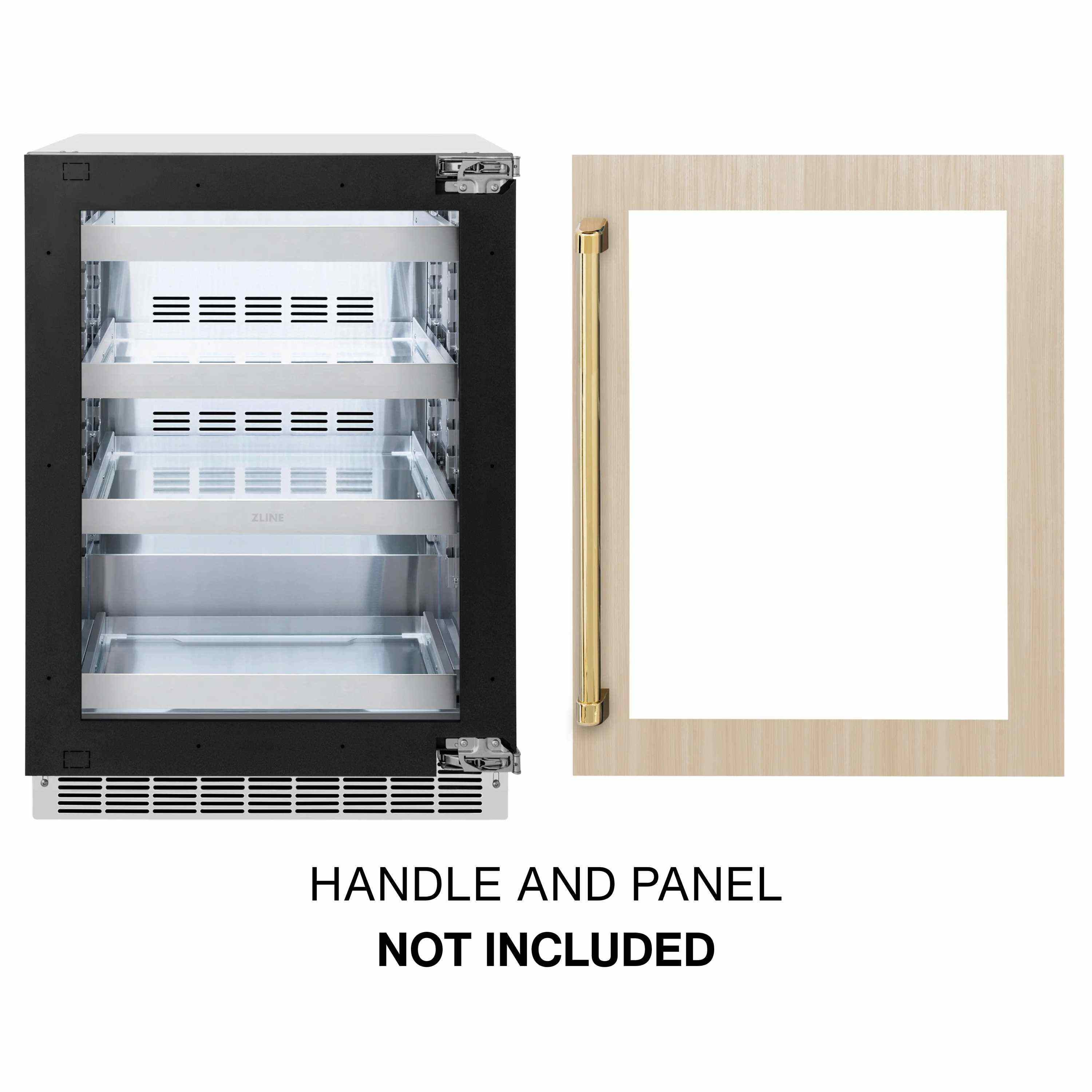 Recessed beverage refrigerator interior with black frame; handle and panel not included