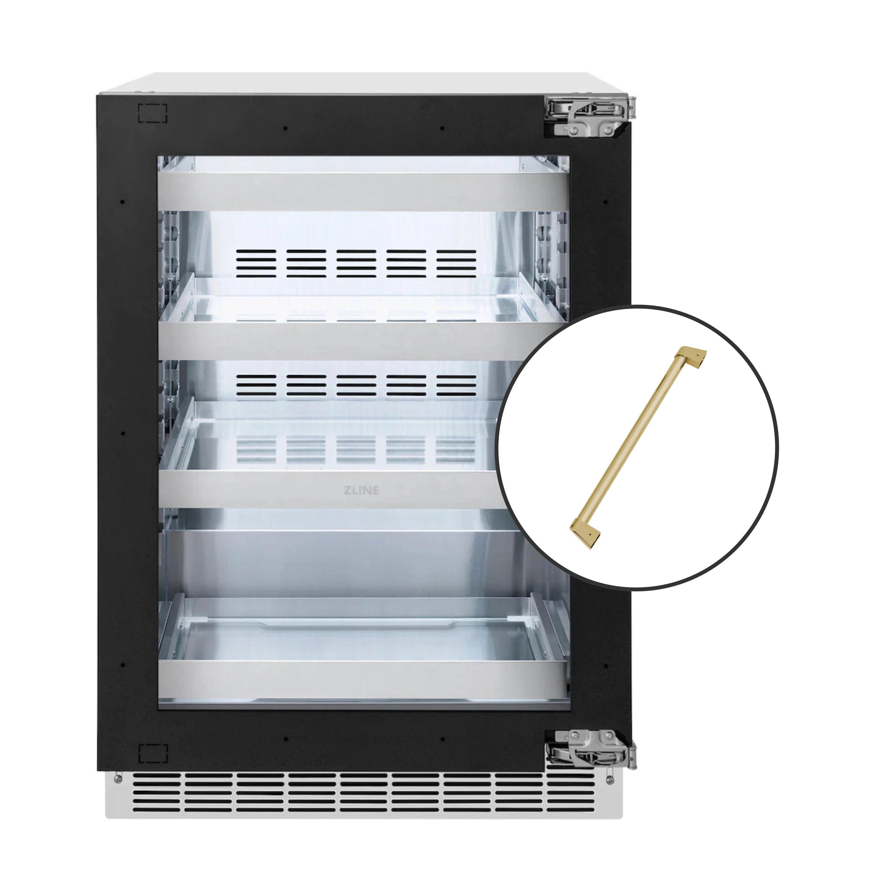 24-inch beverage fridge with black cabinet and bronze handle detail
