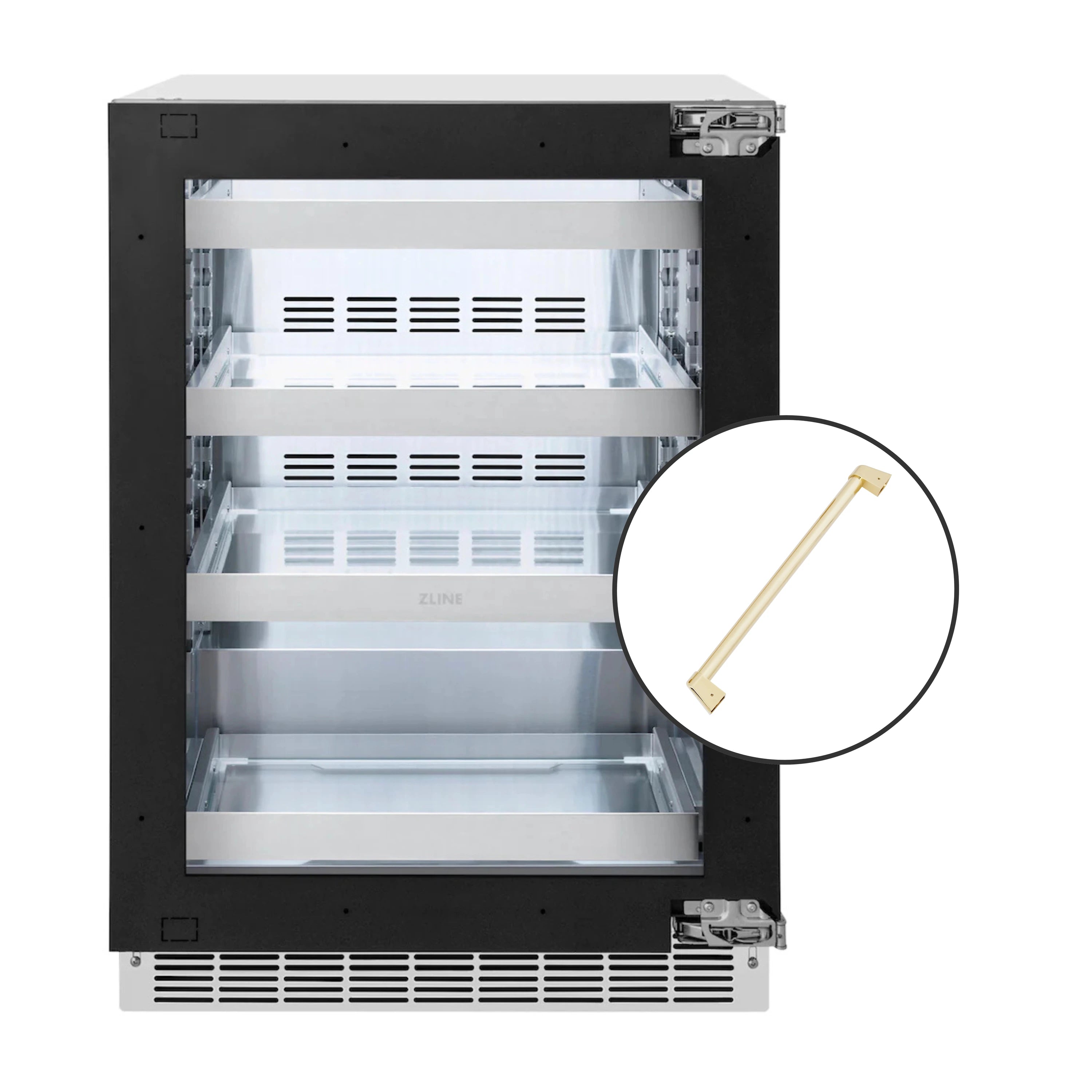 Beverage fridge with open door and gold handle detail, adjustable interior shelves
